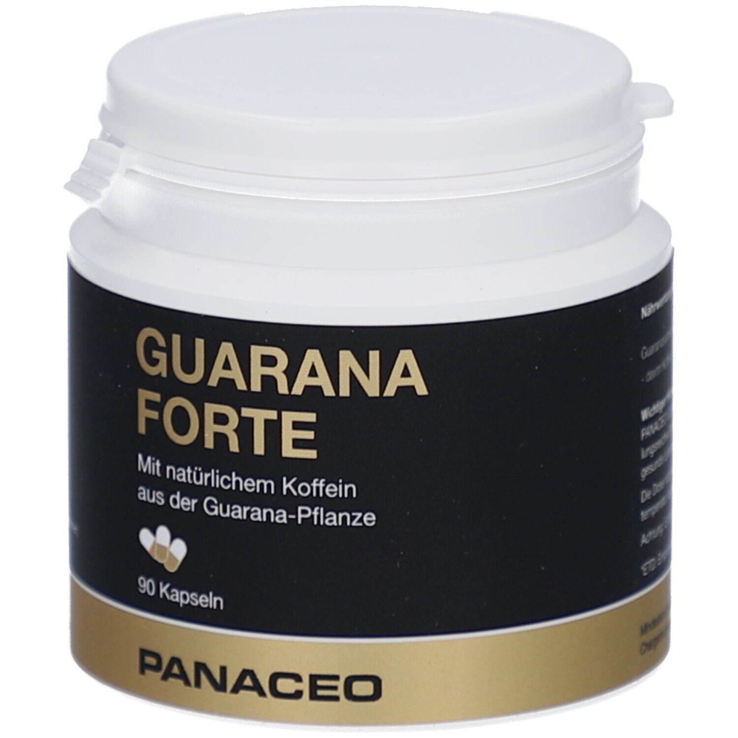 Weiße Dose mit schwarzem Etikett. Aufschrift: GUARANA FORTE, 90 Kapseln, PANACEO. Goldfarbener Boden.
