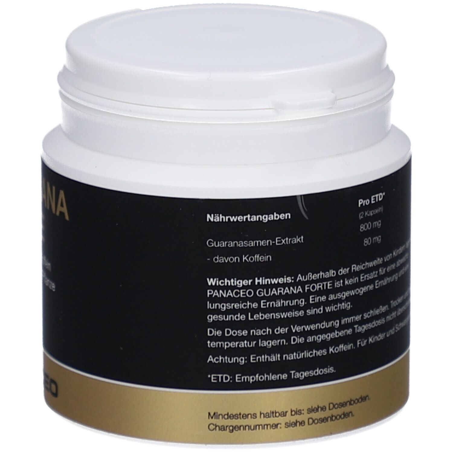 Weiße Dose mit schwarzem Etikett. Nährwertangaben. Goldfarbener Boden. Deckel geöffnet.