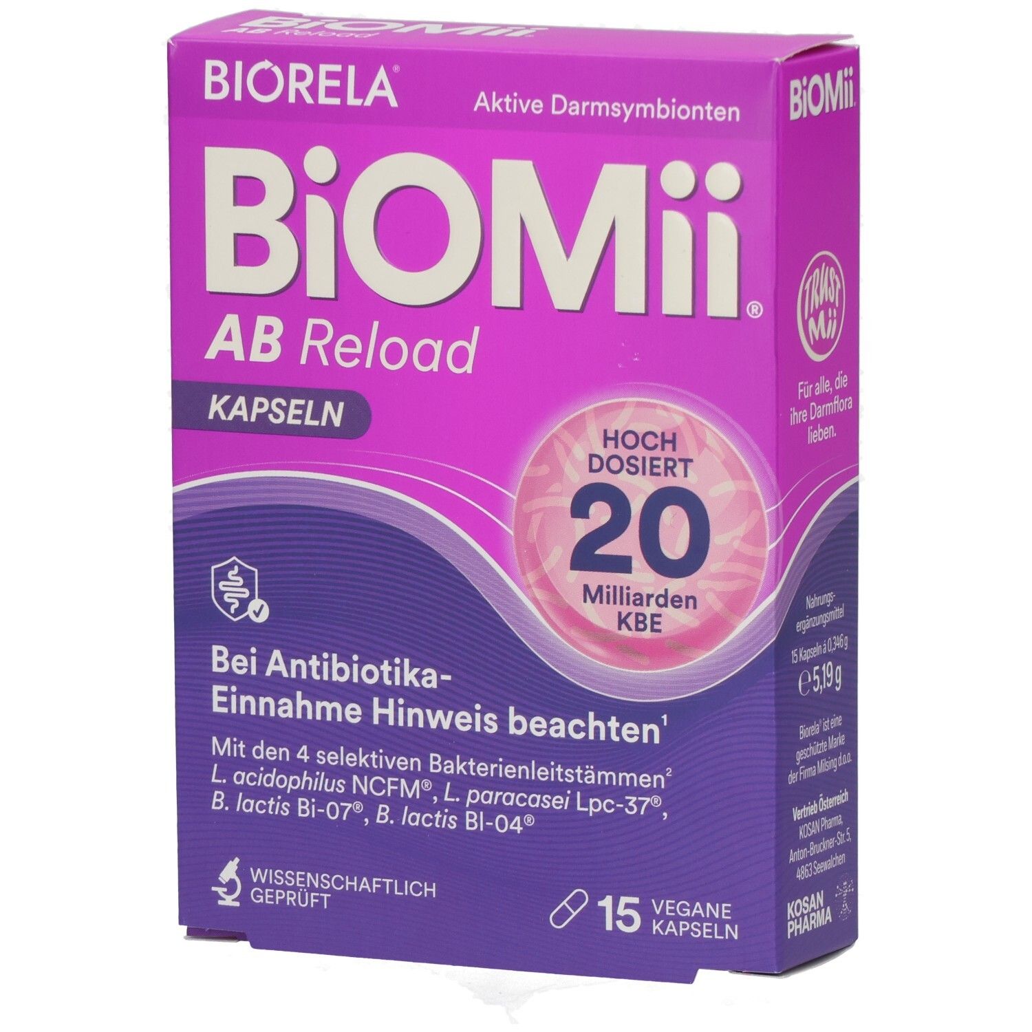 BiOMii AB Reload Kapseln-Packung. Lila-weiß. 15 Kapseln. 20 Milliarden KBE. Bei Antibiotika-Einnahme beachten. Vegan.