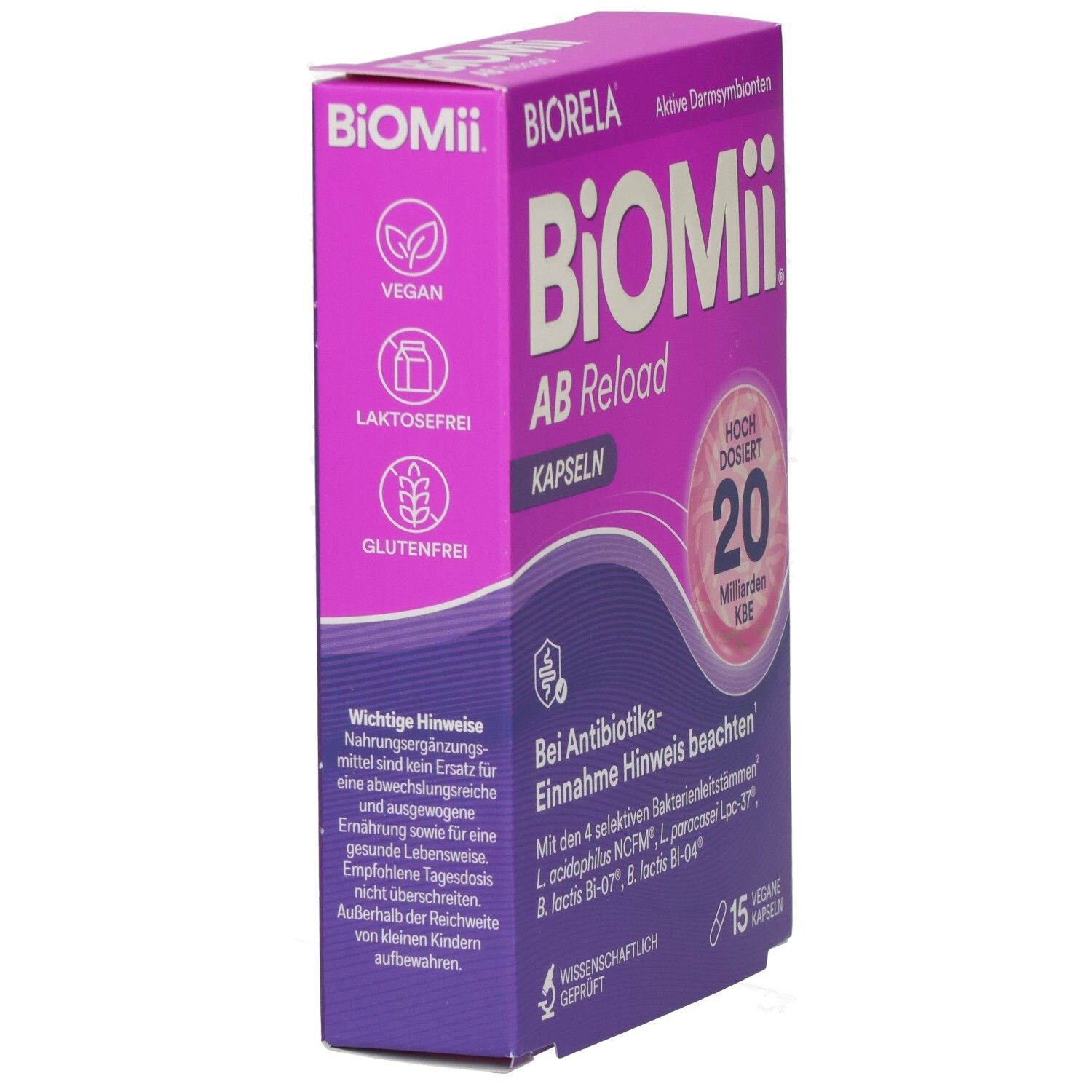 BiOMii AB Reload Kapseln-Packung, Seitenansicht. Lila-weiß. Vegan, laktosefrei, glutenfrei. 15 Kapseln.
