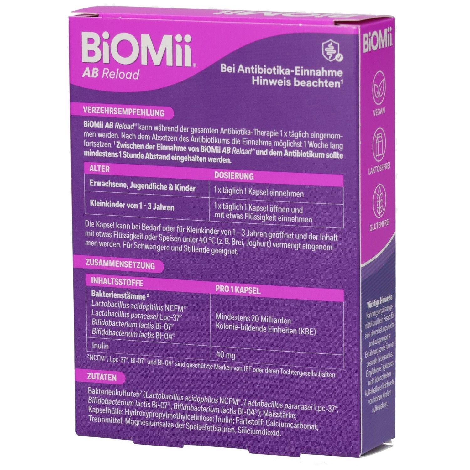 Rückseite der BiOMii AB Reload Kapseln-Packung. Dosierung: 1 Kapsel täglich. Inhaltsstoffe: Bakterienstämme, Inulin.