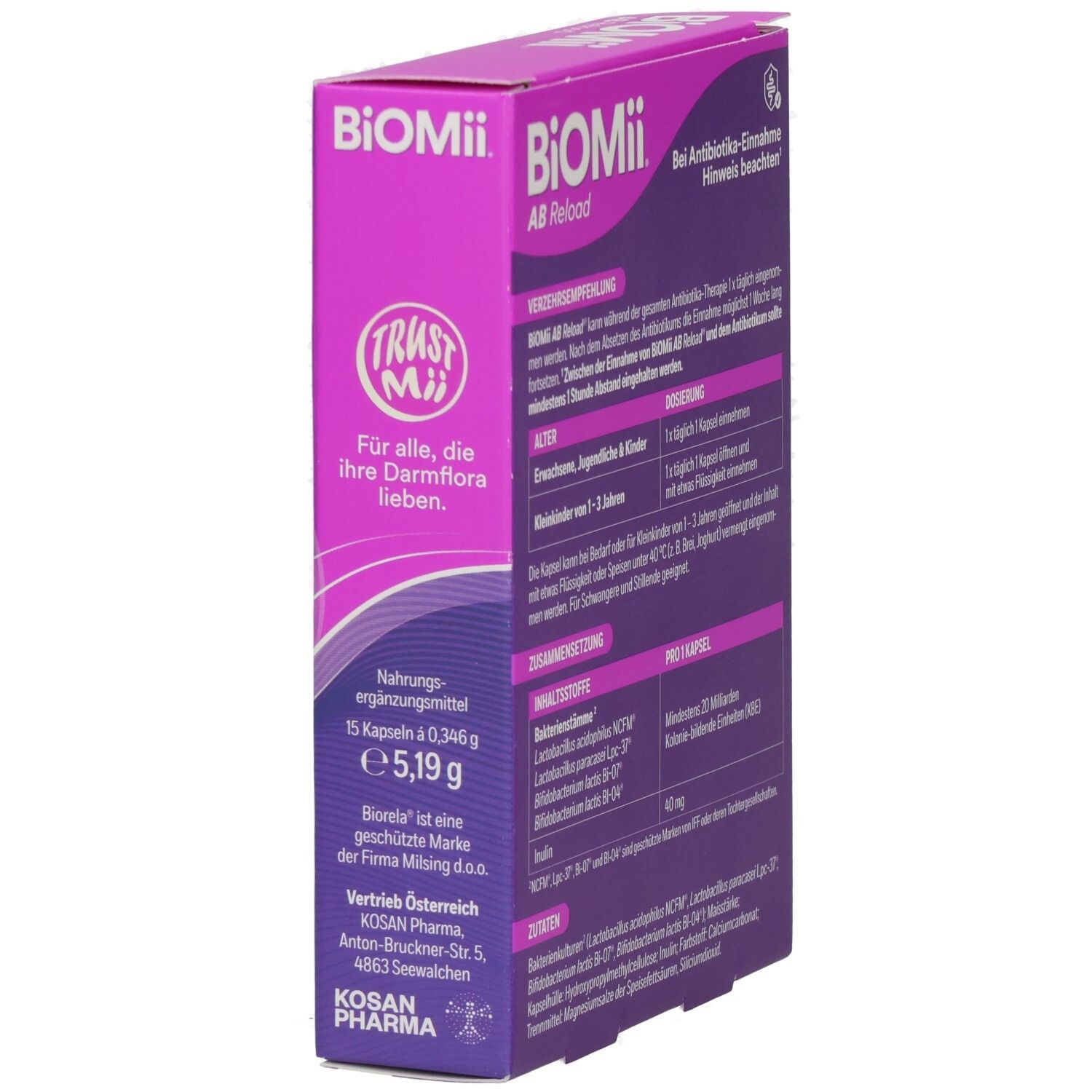 BiOMii AB Reload Kapseln-Packung, schräge Ansicht. Lila-weiß. 15 Kapseln. Vertrieben von Kosan Pharma.