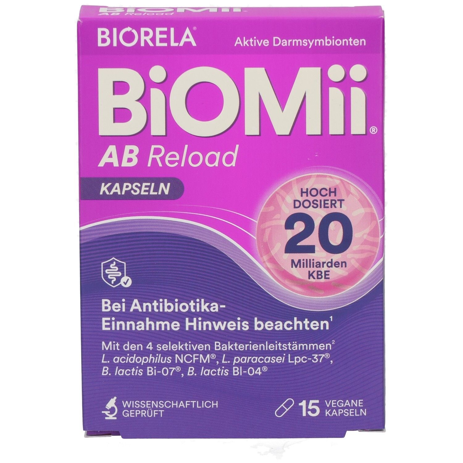 BiOMii AB Reload Kapseln-Packung. Lila-weiß. 15 Kapseln. 20 Milliarden KBE. Bei Antibiotika-Einnahme beachten. Vegan.