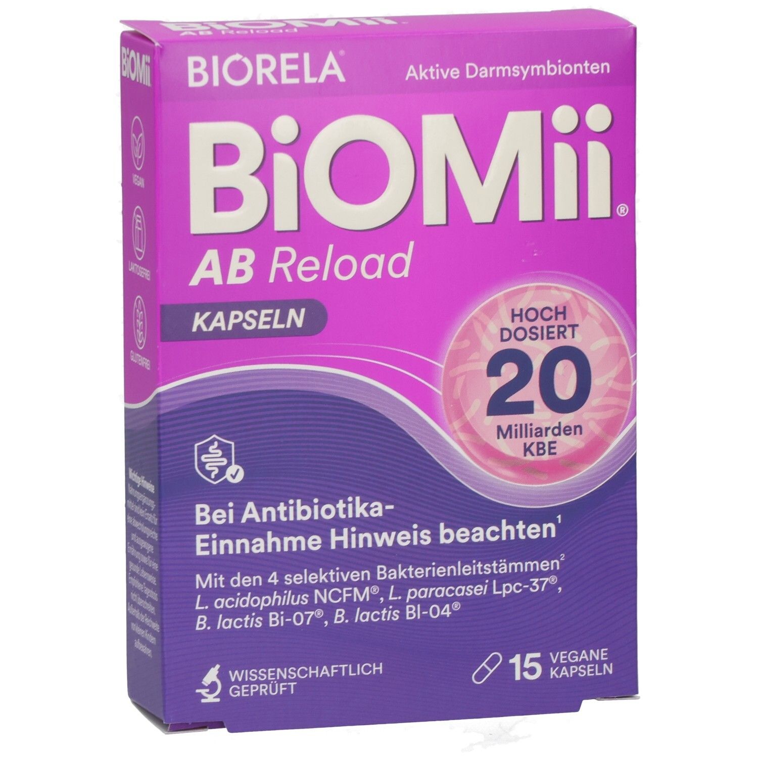 BiOMii AB Reload Kapseln-Packung. Lila-weiß. 15 Kapseln. 20 Milliarden KBE. Bei Antibiotika-Einnahme beachten. Vegan.