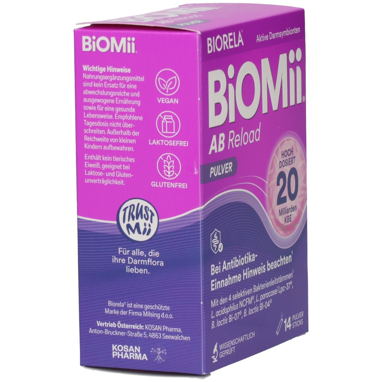 BiOMii AB Reload Pulver-Box. Lila-weiß. Vegan, laktosefrei, glutenfrei. Trust Mii Siegel. Enthält 14 Pulver-Sticks.