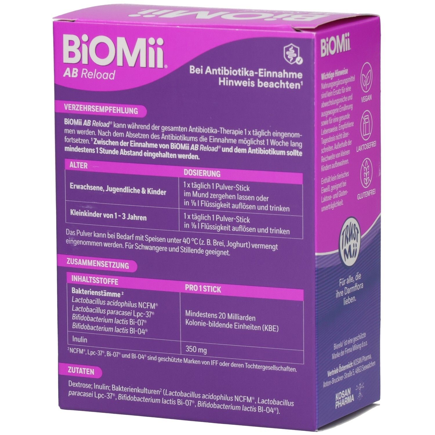 Rückseite der BiOMii AB Reload Pulver-Box. Dosierungshinweise. Inhaltsstoffe: Bakterienstämme, Inulin. 14 Pulver-Sticks. Vegan.