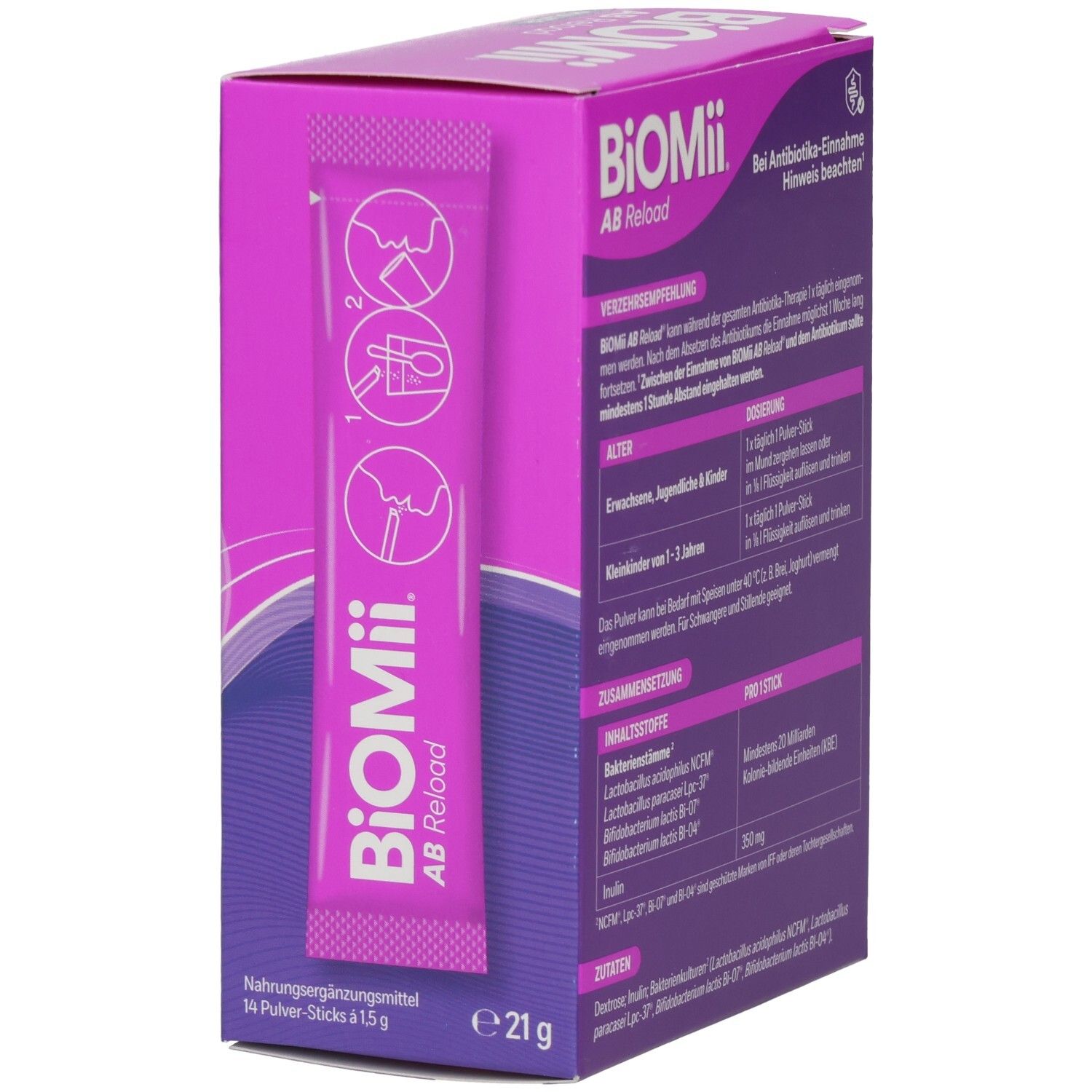 BiOMii AB Reload Pulver-Stick. Lila-weiß. 14 Pulver-Sticks à 1,5 g. Anweisungen zur Einnahme. 21g.