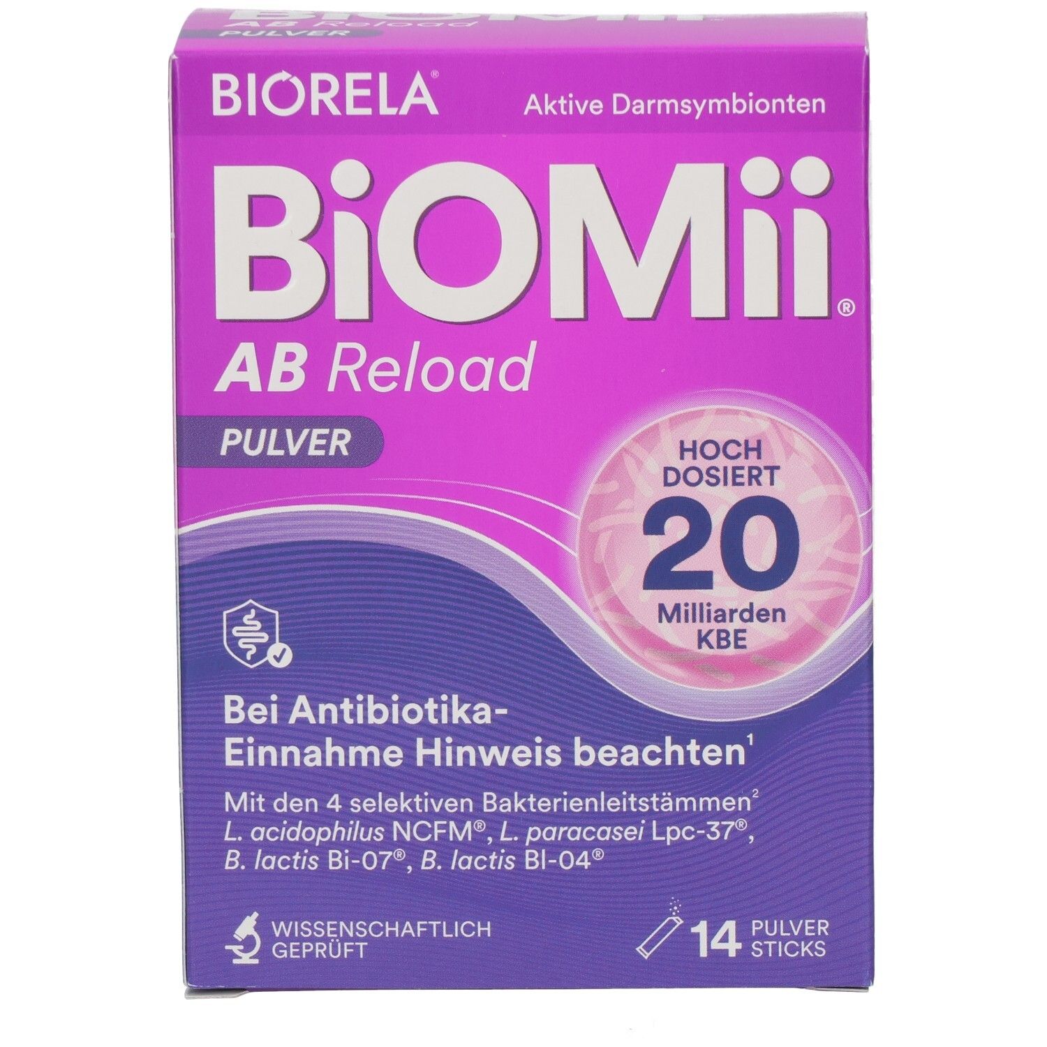 BiOMii AB Reload Pulver-Box. Lila-weiß. Enthält 14 Pulver-Sticks. 20 Milliarden KBE. Bei Antibiotika-Einnahme Hinweis beachten.