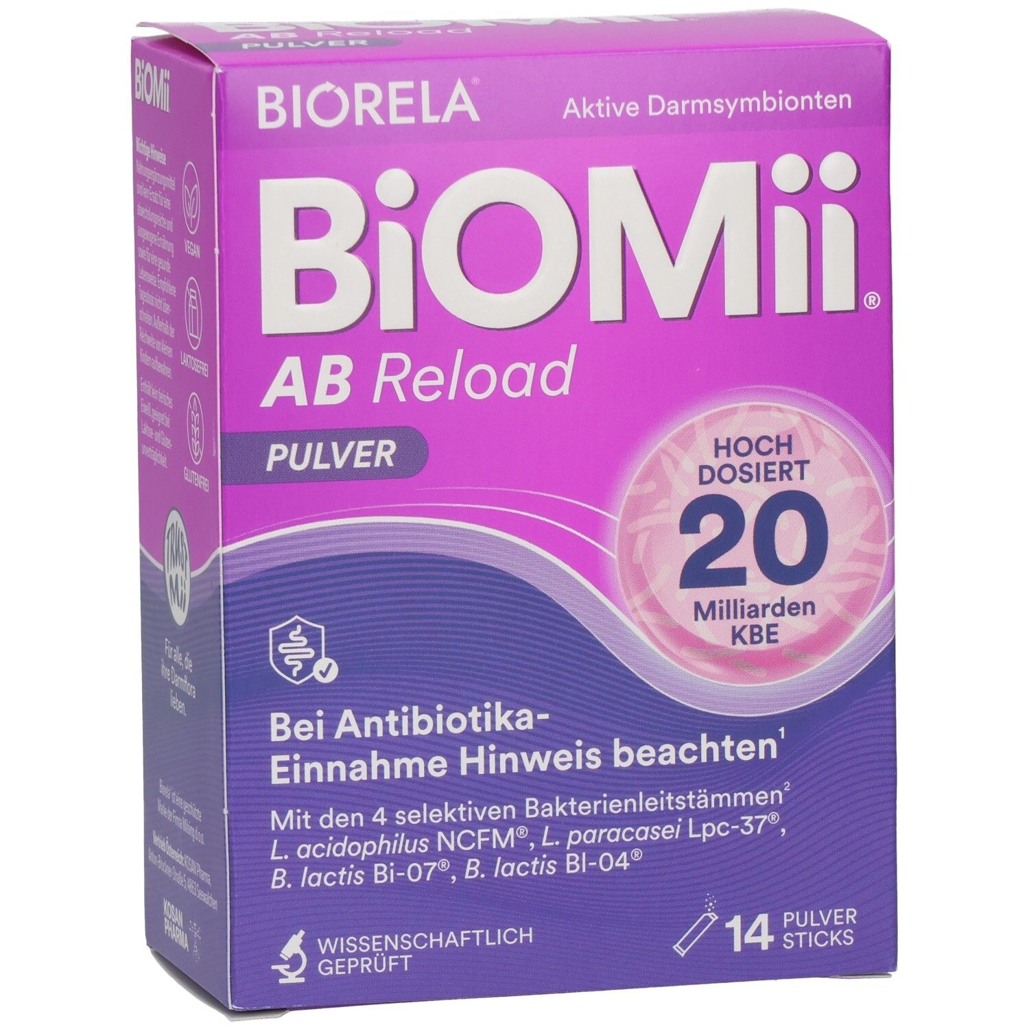 BiOMii AB Reload Pulver-Box. Lila-weiß. Enthält 14 Pulver-Sticks. 20 Milliarden KBE. Bei Antibiotika-Einnahme Hinweis beachten.