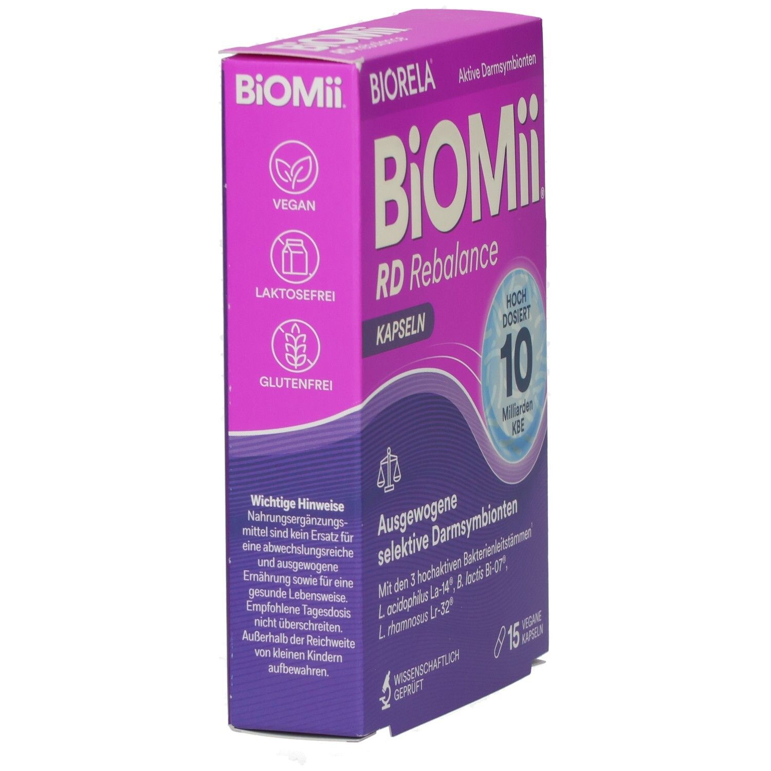 Lila-weiße Schachtel BiOMii RD Rebalance Kapseln. Vegan, laktosefrei, glutenfrei. Enthält 15 Kapseln. Wissenschaftlich geprüft.