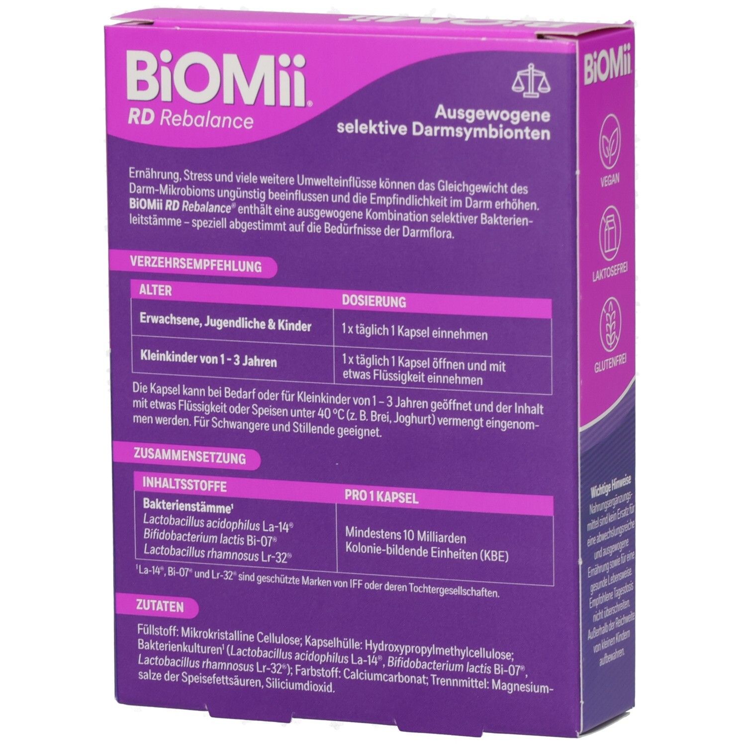 Rückseite der lila-weißen Schachtel BiOMii RD Rebalance Kapseln. Informationen zu Inhaltsstoffen, Dosierung und Zusammensetzung.