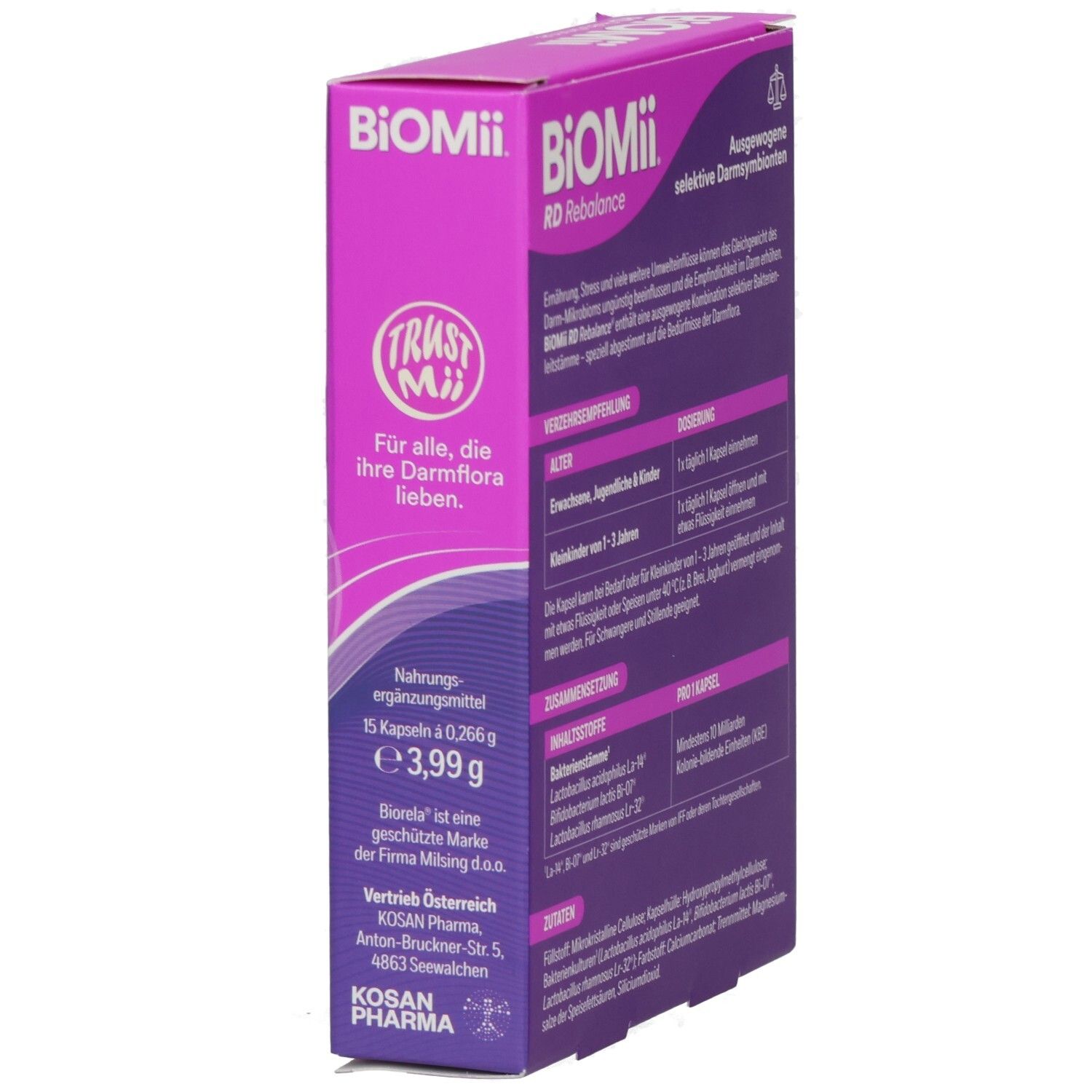Seite der lila-weißen Schachtel BiOMii RD Rebalance Kapseln. Trust Mii Logo. Informationen zu Hersteller und Inhaltsstoffen.