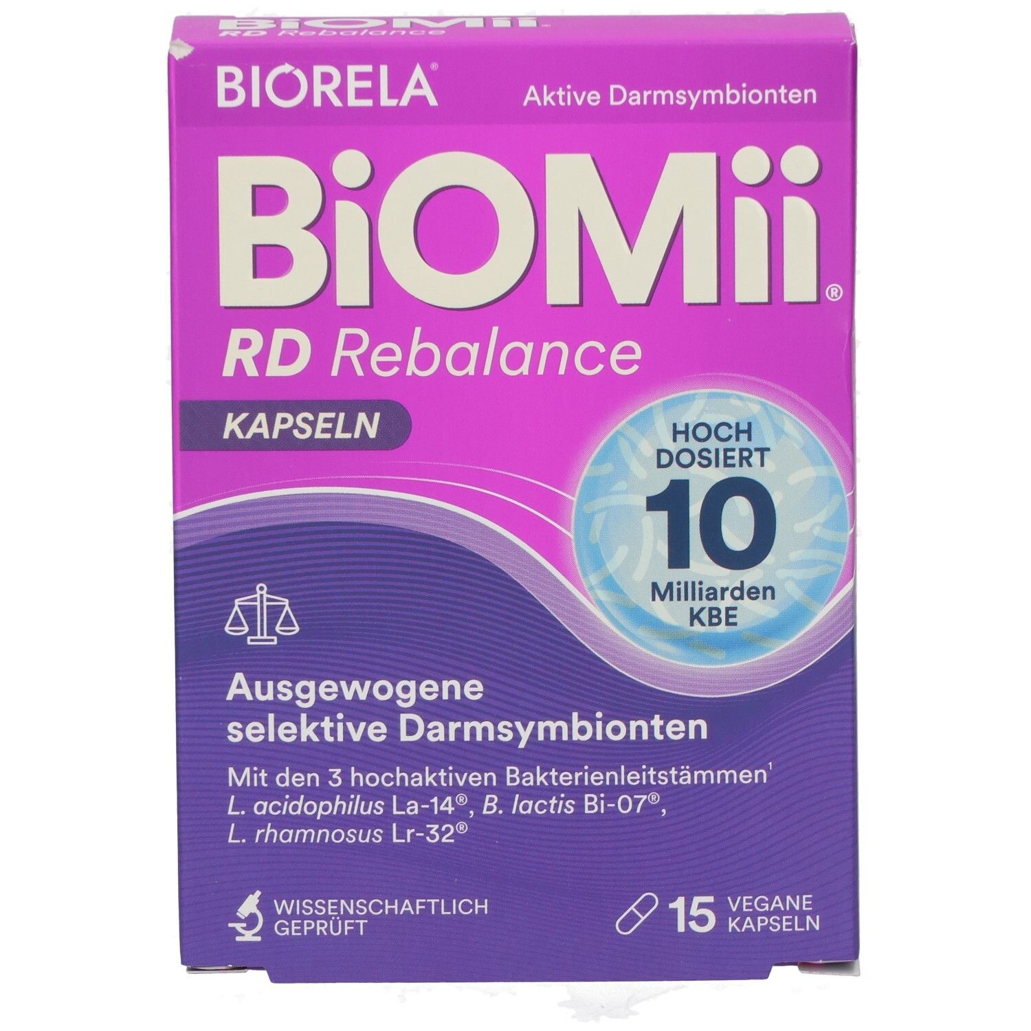 Lila-weiße Schachtel BiOMii RD Rebalance Kapseln. Enthält 15 vegane Kapseln. 10 Milliarden KBE. Wissenschaftlich geprüft.