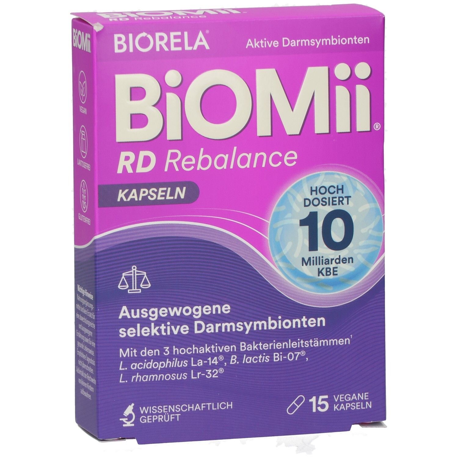 Lila-weiße Schachtel BiOMii RD Rebalance Kapseln. Enthält 15 vegane Kapseln. 10 Milliarden KBE. Wissenschaftlich geprüft.