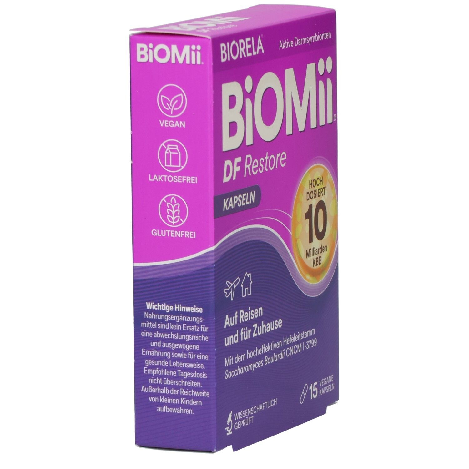 Violette Schachtel "BioMii DF Restore Kapseln". Vegan, laktosefrei, glutenfrei. Aufschrift: "Auf Reisen und für Zuhause".