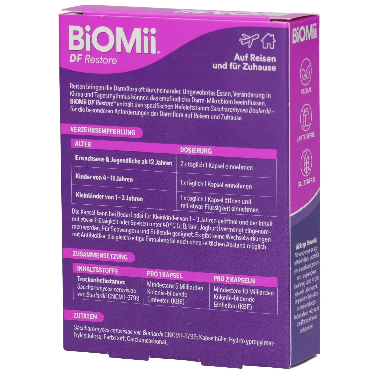 Rückseite der violetten Schachtel "BioMii DF Restore Kapseln". Enthält Informationen zur Dosierung und Inhaltsstoffe.