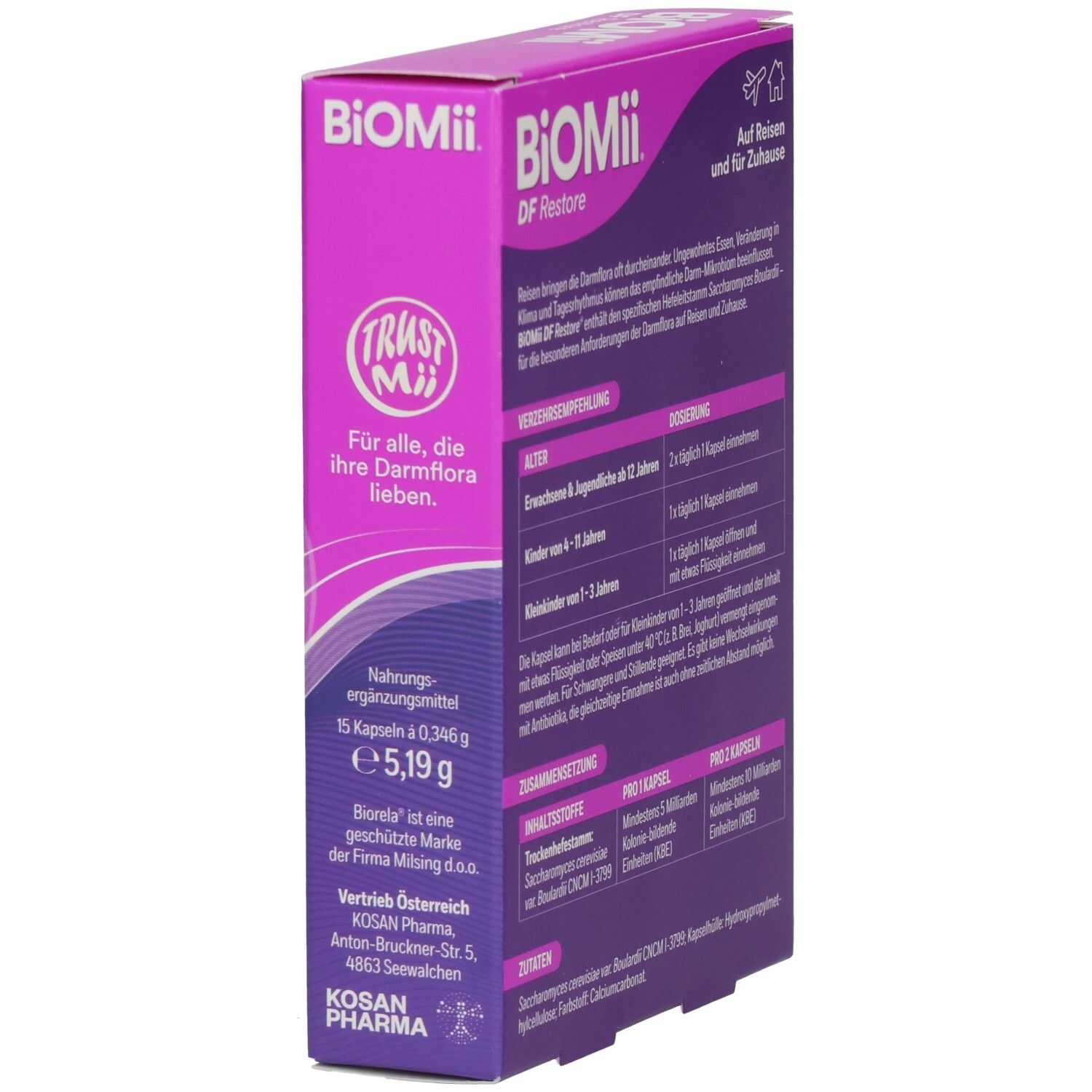 Violette Schachtel "BioMii DF Restore Kapseln". Enthält 15 Kapseln. Aufschrift: "Für alle, die ihre Darmflora lieben".