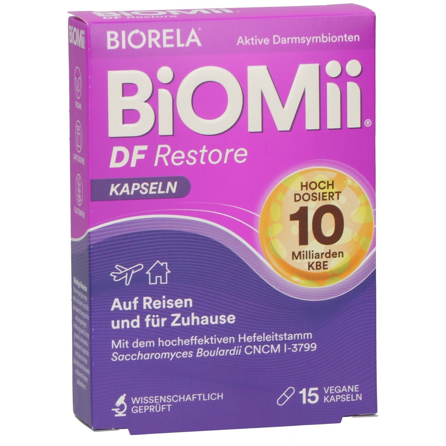 Violette Schachtel "BioMii DF Restore Kapseln". Enthält 15 vegane Kapseln. Aufschrift: "Hoch dosiert 10 Milliarden KBE".