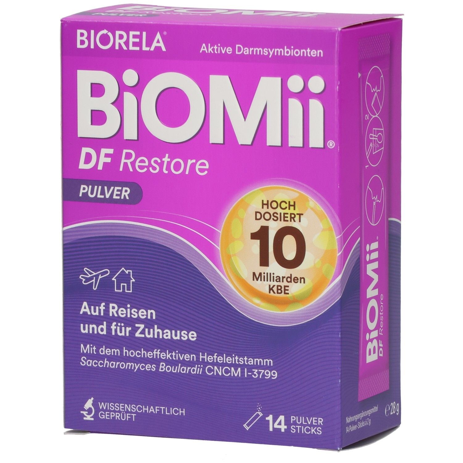Violette Schachtel mit "BiOMii DF Restore Pulver". Aufschrift "10 Milliarden KBE". 14 Pulver Sticks. Wissenschaftlich geprüft.