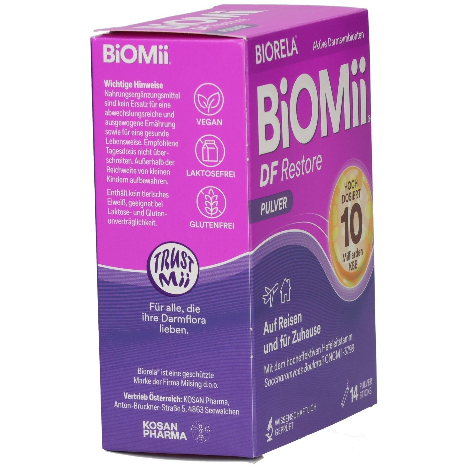 Violette Schachtel mit "BiOMii DF Restore Pulver". Vegan, laktosefrei, glutenfrei. Trust Mi Logo. KOSAN Pharma.