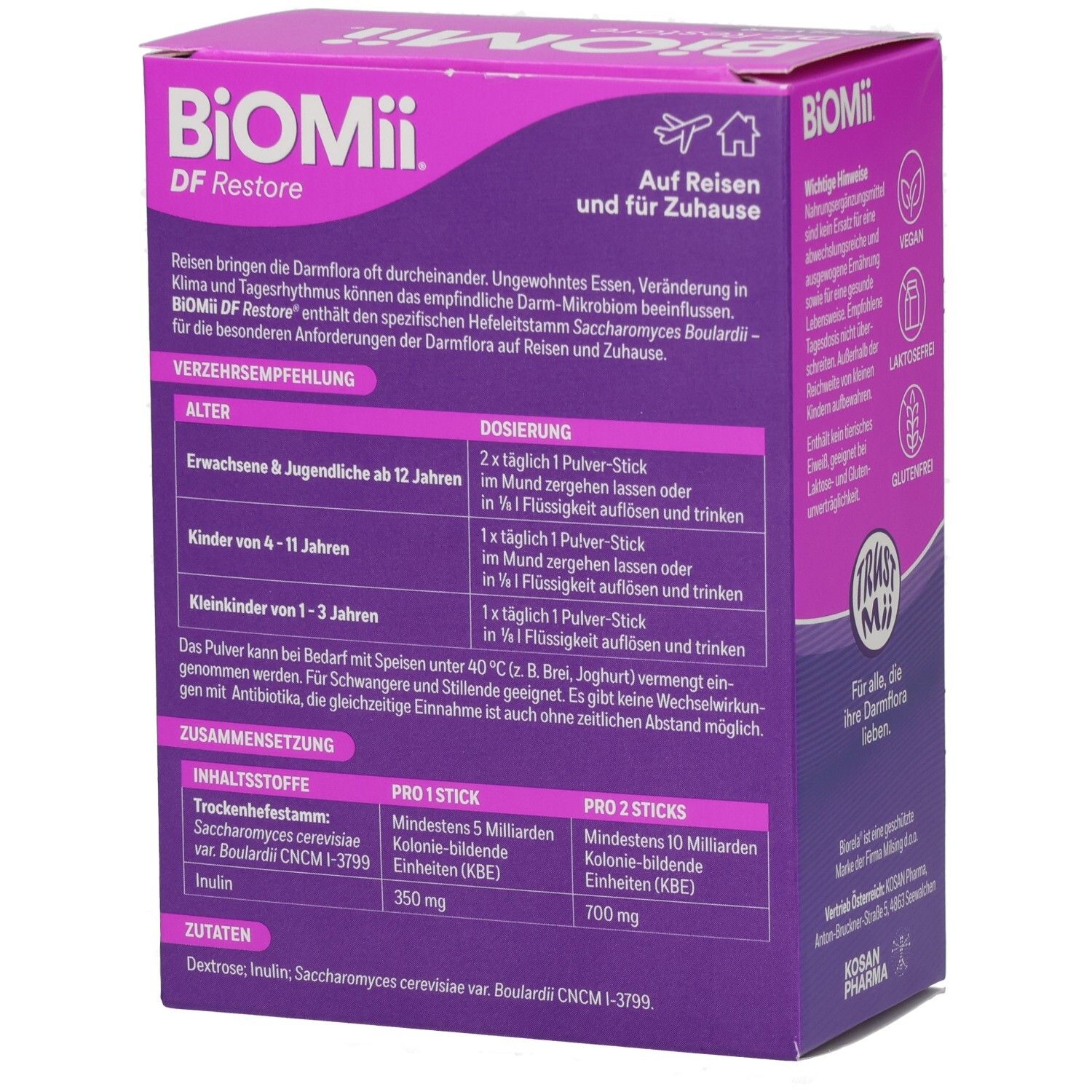 Rückseite der violetten Schachtel "BiOMii DF Restore". Dosierungsanleitung. Inhaltsstoffe: Saccharomyces cerevisiae, Inulin.