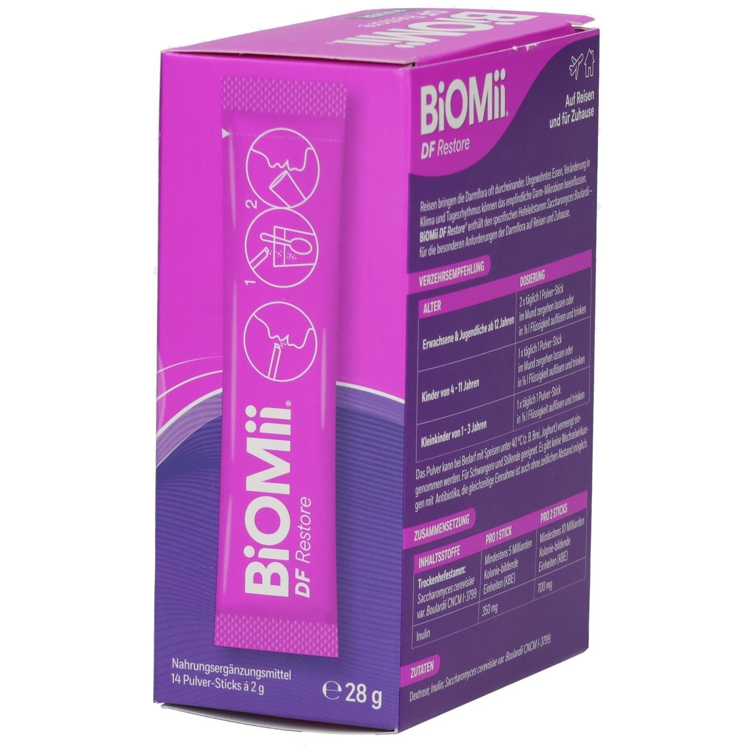 Einzelner Pulver-Stick "BiOMii DF Restore". 14 Stück in der Packung. 2g pro Stick. Anwendungs-Illustrationen.