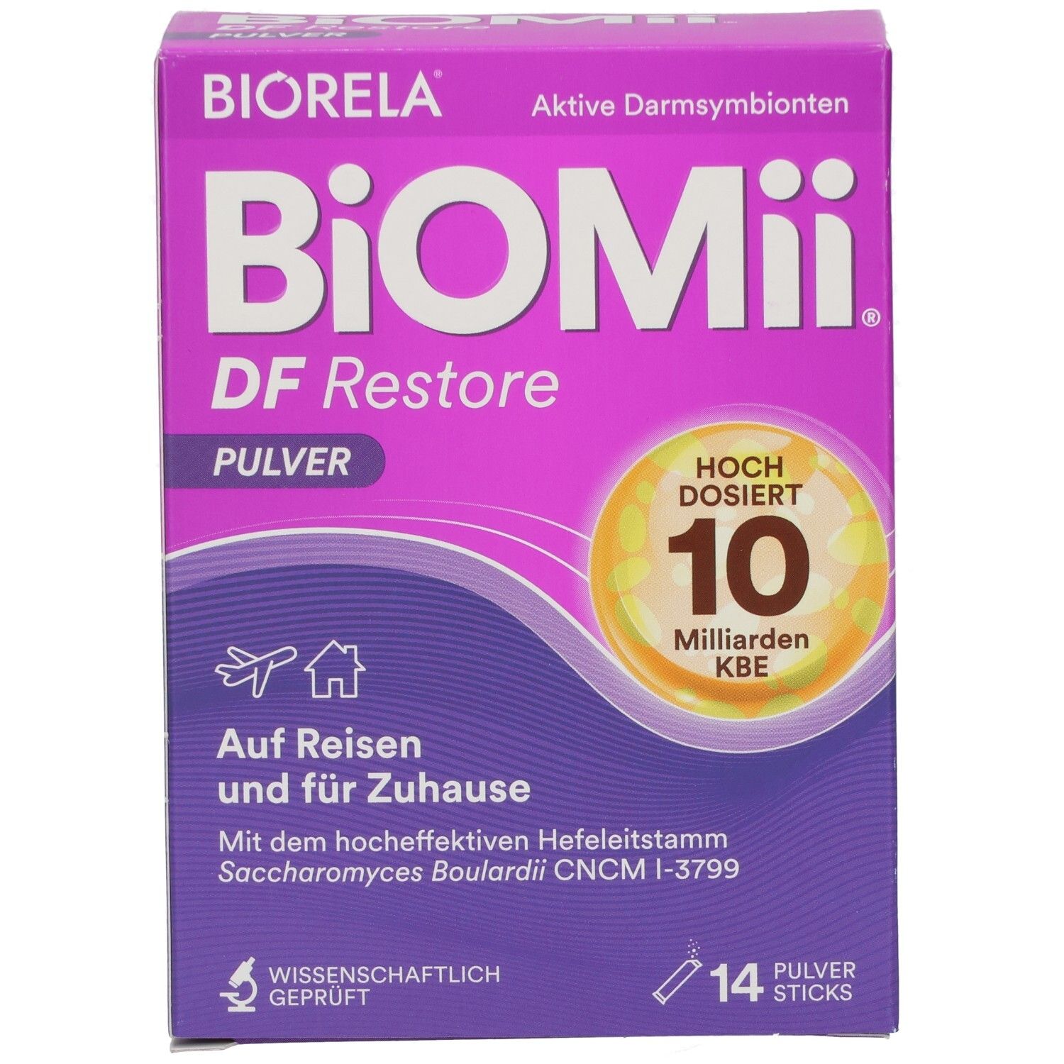 Violette Schachtel mit "BiOMii DF Restore Pulver". Aufschrift "10 Milliarden KBE". 14 Pulver Sticks. Wissenschaftlich geprüft.