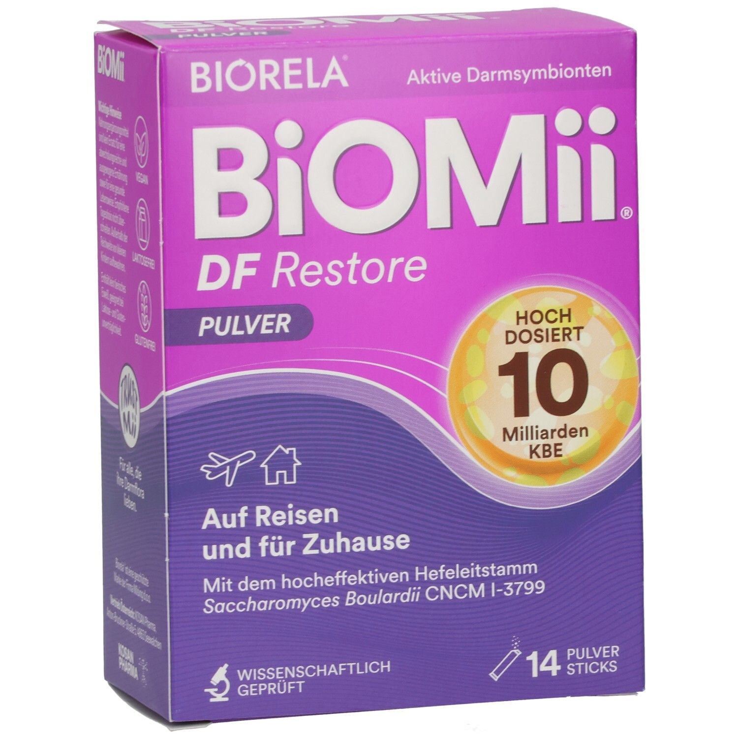 Violette Schachtel mit "BiOMii DF Restore Pulver". Aufschrift "10 Milliarden KBE". 14 Pulver Sticks. Wissenschaftlich geprüft.