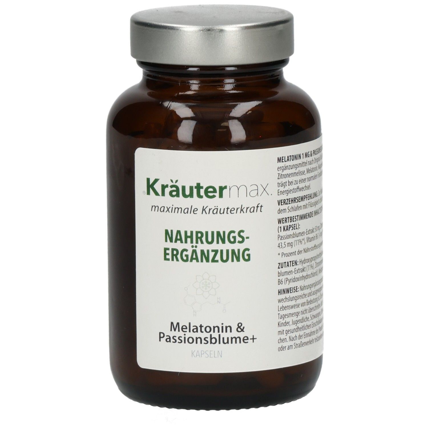 Braune Glasflasche mit silbernem Deckel. Etikett mit Produktinformationen: Kräutermax, Nahrungsergänzung, Melatonin & Passionsblume+ Kapseln.