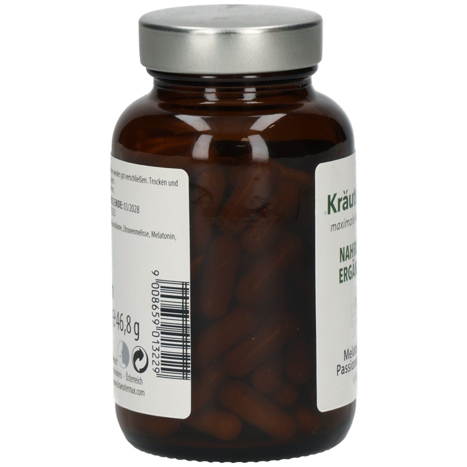 Braune Glasflasche mit silbernem Deckel, gefüllt mit braunen Kapseln. Etikett mit Produktinformationen und Barcode.