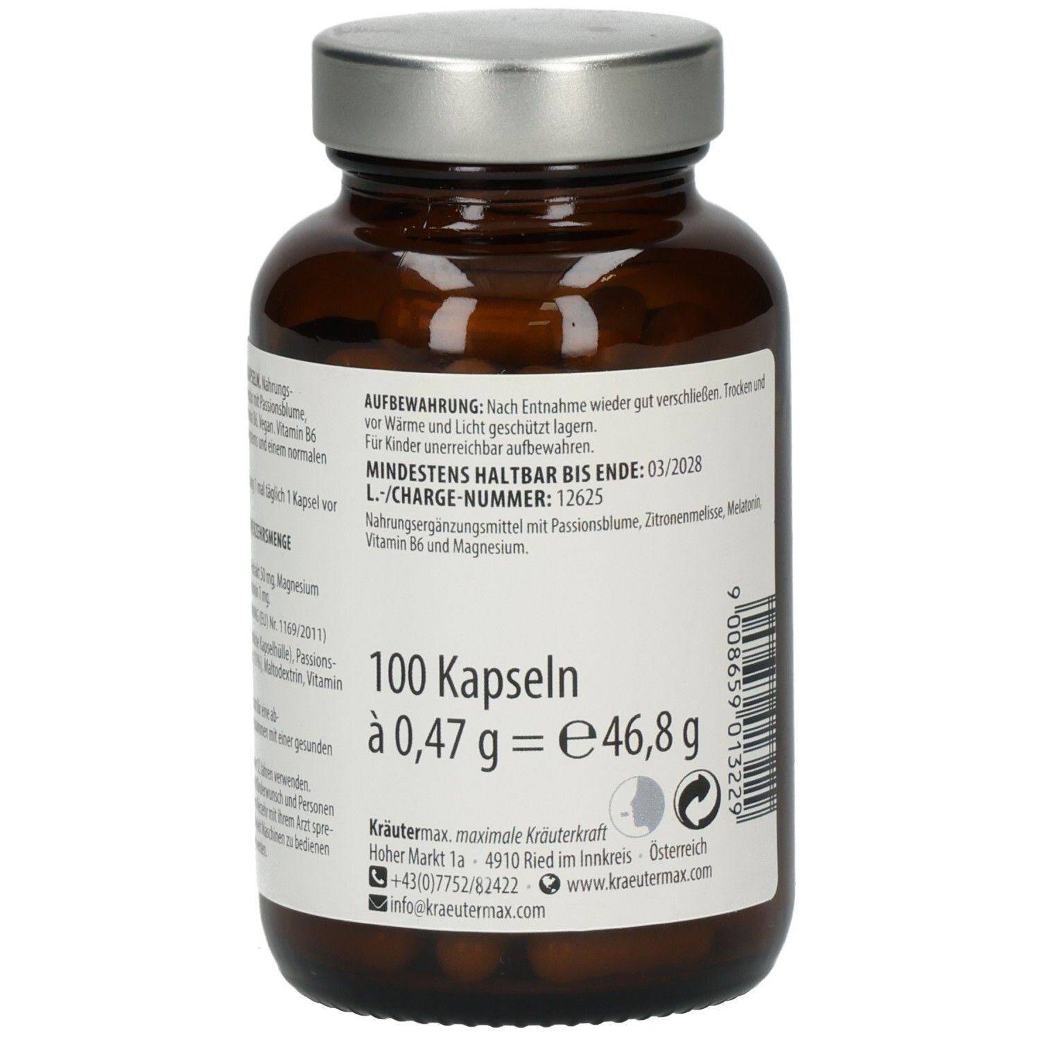 Braune Glasflasche mit silbernem Deckel. Etikett mit Produktinformationen: 100 Kapseln, Mindestens haltbar bis Ende 03/2028.