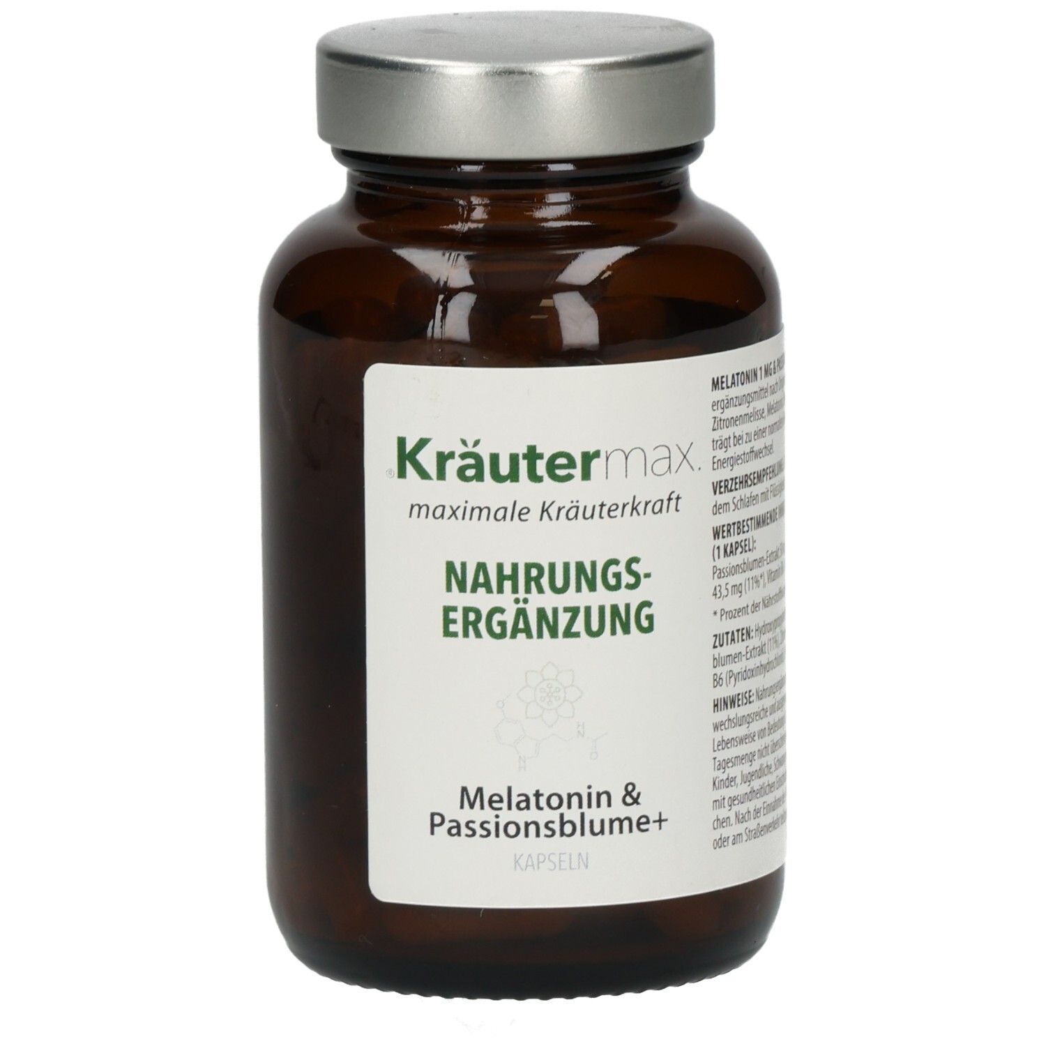 Braune Glasflasche mit silbernem Deckel. Etikett mit Produktinformationen: Kräutermax, Nahrungsergänzung, Melatonin & Passionsblume+ Kapseln.