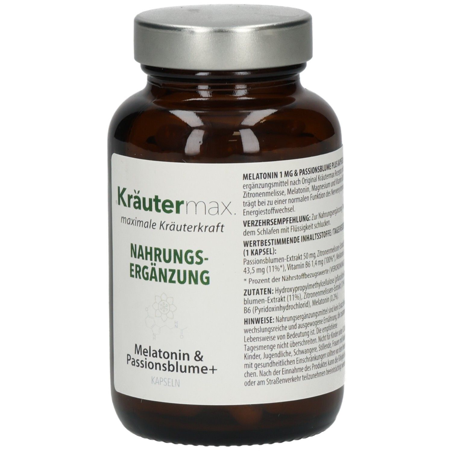 Braune Glasflasche mit silbernem Deckel. Etikett mit Produktinformationen: Kräutermax, Nahrungsergänzung, Melatonin & Passionsblume+ Kapseln.
