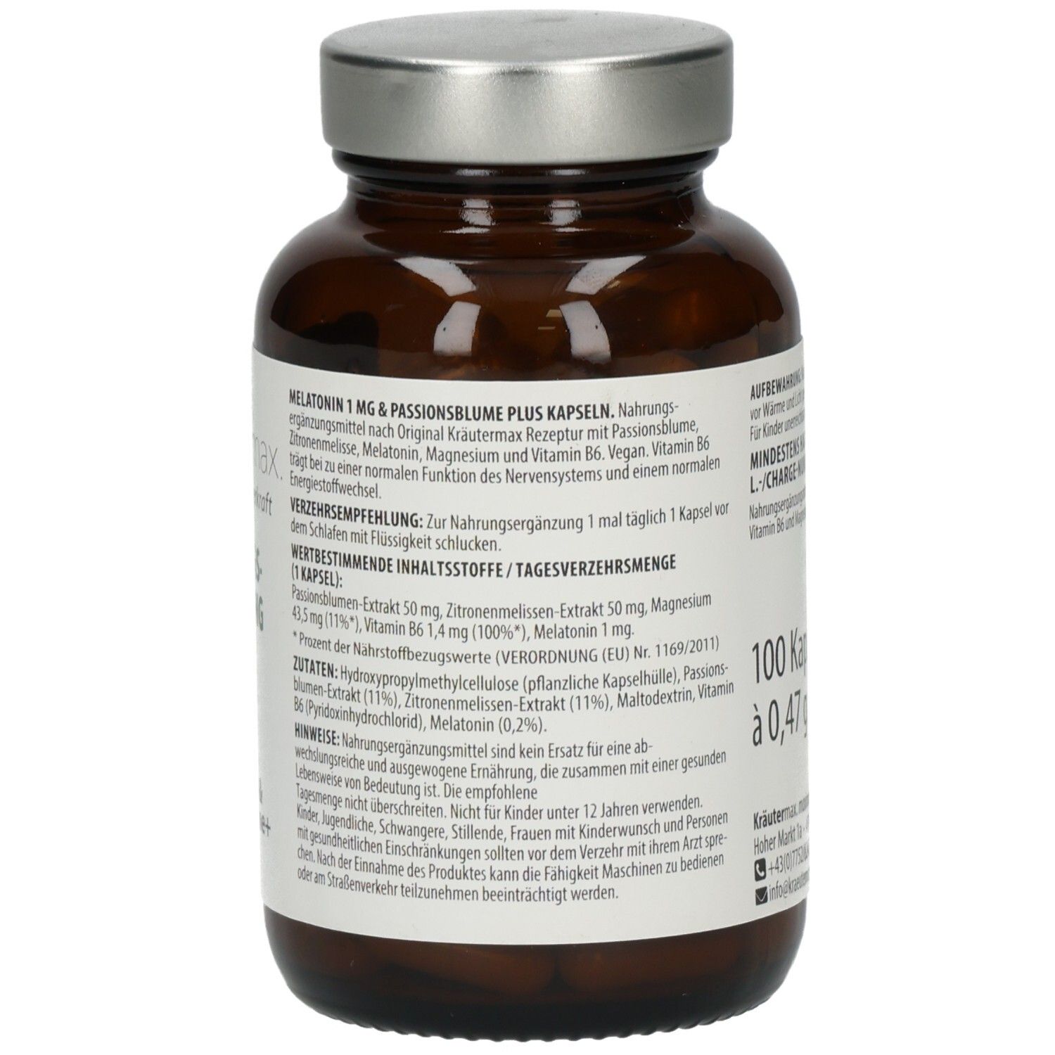 Braune Glasflasche mit silbernem Deckel. Etikett mit Produktinformationen: 100 Kapseln, Inhaltsstoffe, Verzehrempfehlung.