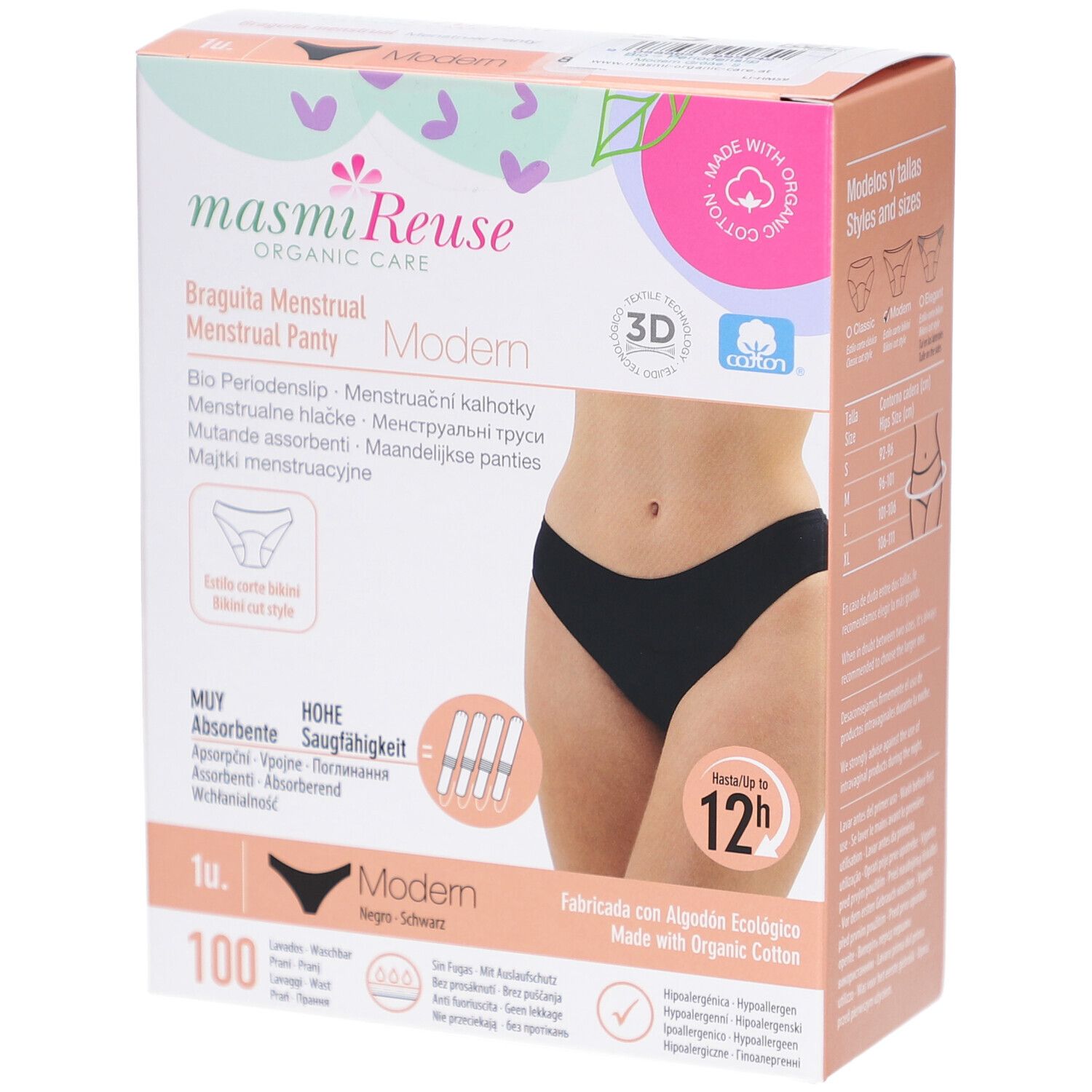 Verpackung mit Menstruationsslip Modern Schwarz. Hohe Saugfähigkeit. Mit Bio-Baumwolle. 100 Stück.