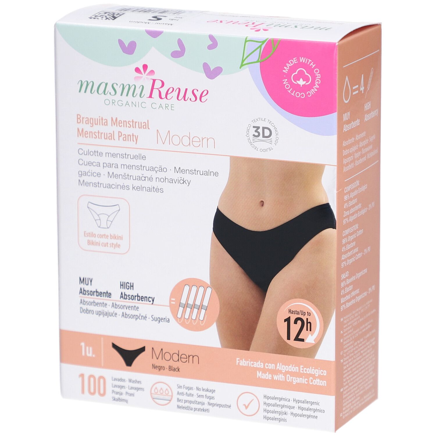 Verpackung Menstruationsslip Modern Schwarz. Hohe Saugfähigkeit. Mit Bio-Baumwolle. 100 Stück.