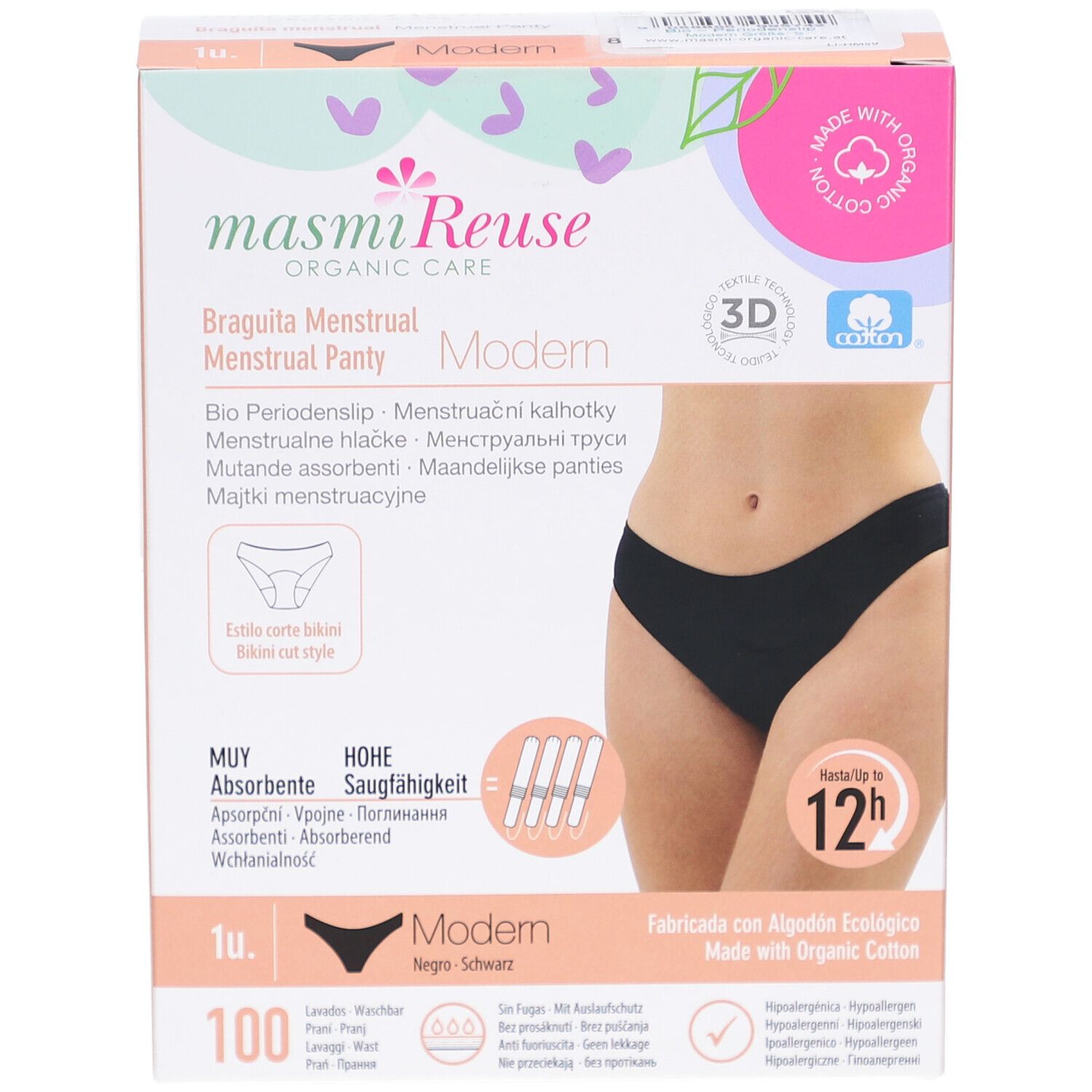 Verpackung Menstruationsslip Modern Schwarz. Hohe Saugfähigkeit. Mit Bio-Baumwolle. 100 Stück.