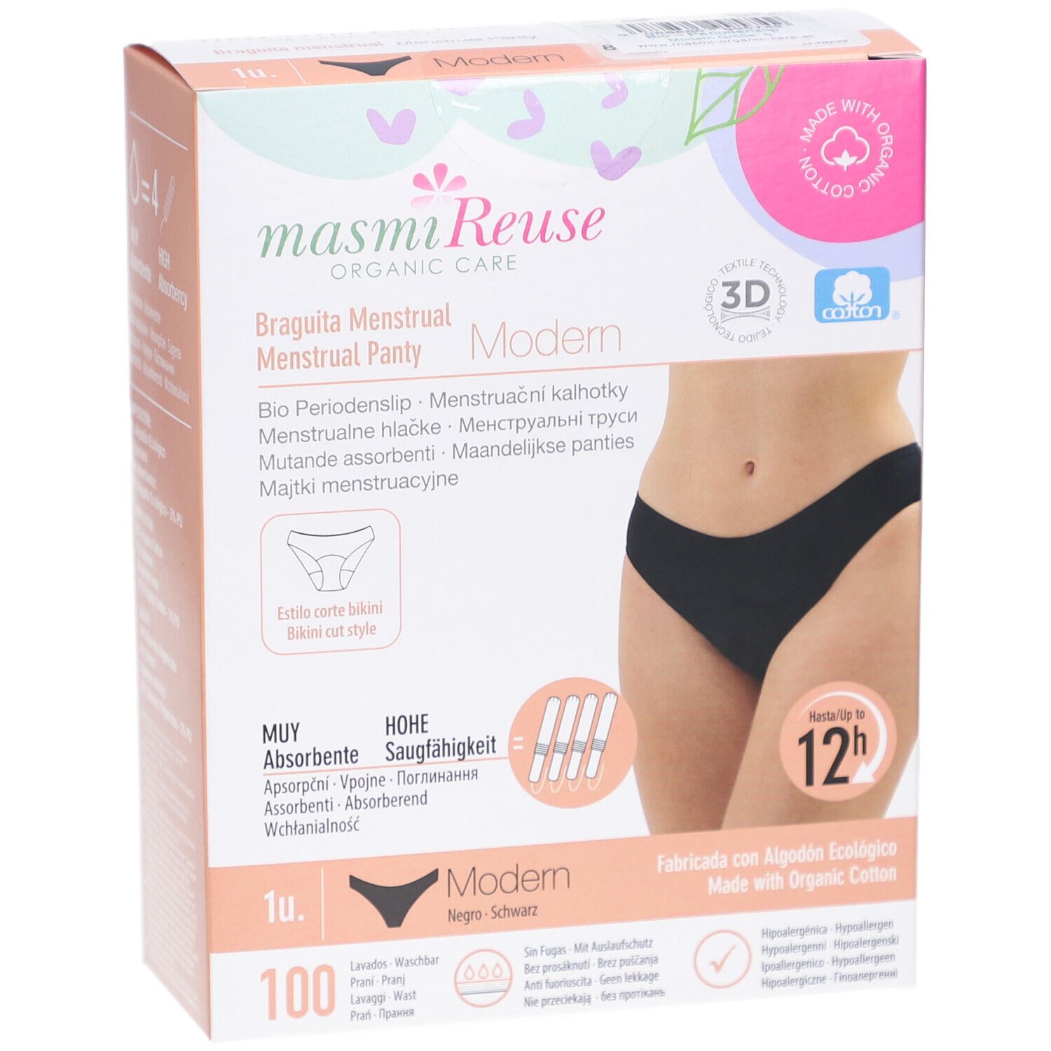 Verpackung Menstruationsslip Modern Schwarz. Hohe Saugfähigkeit. Mit Bio-Baumwolle. 100 Stück.
