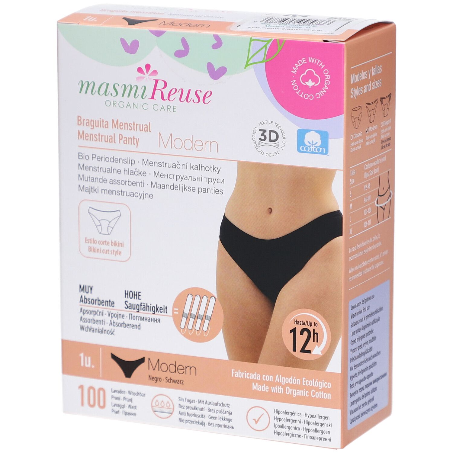 Verpackung mit Menstruationsunterwäsche. Aufdruck: masmi Reuse, Modern, Bio Periodenslip. Schwarze Unterhose abgebildet. Mit Bio-Baumwolle.