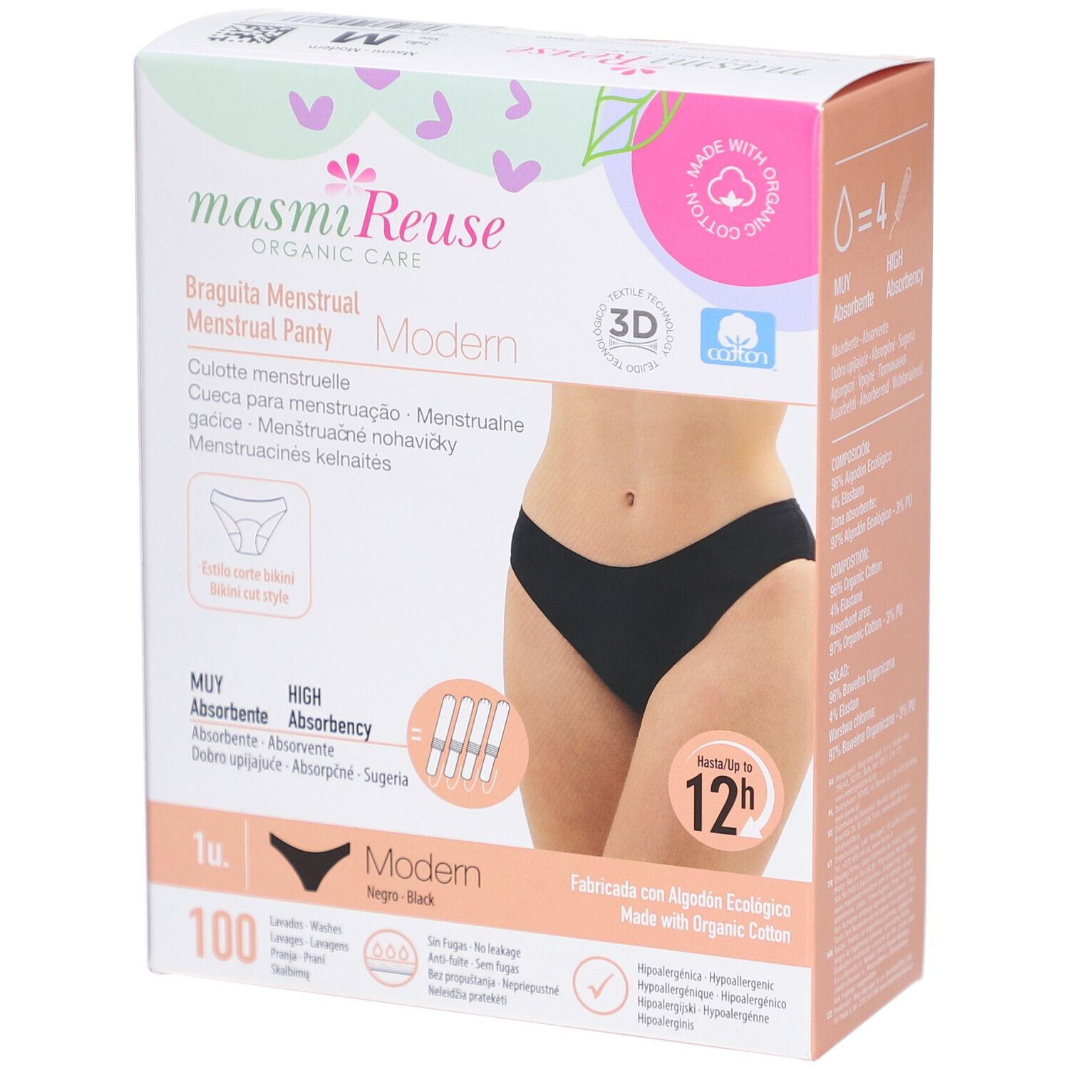 Verpackung mit Menstruationsunterwäsche. Aufdruck: masmi Reuse, Modern, Bio Periodenslip. Schwarze Unterhose abgebildet. Mit Bio-Baumwolle.