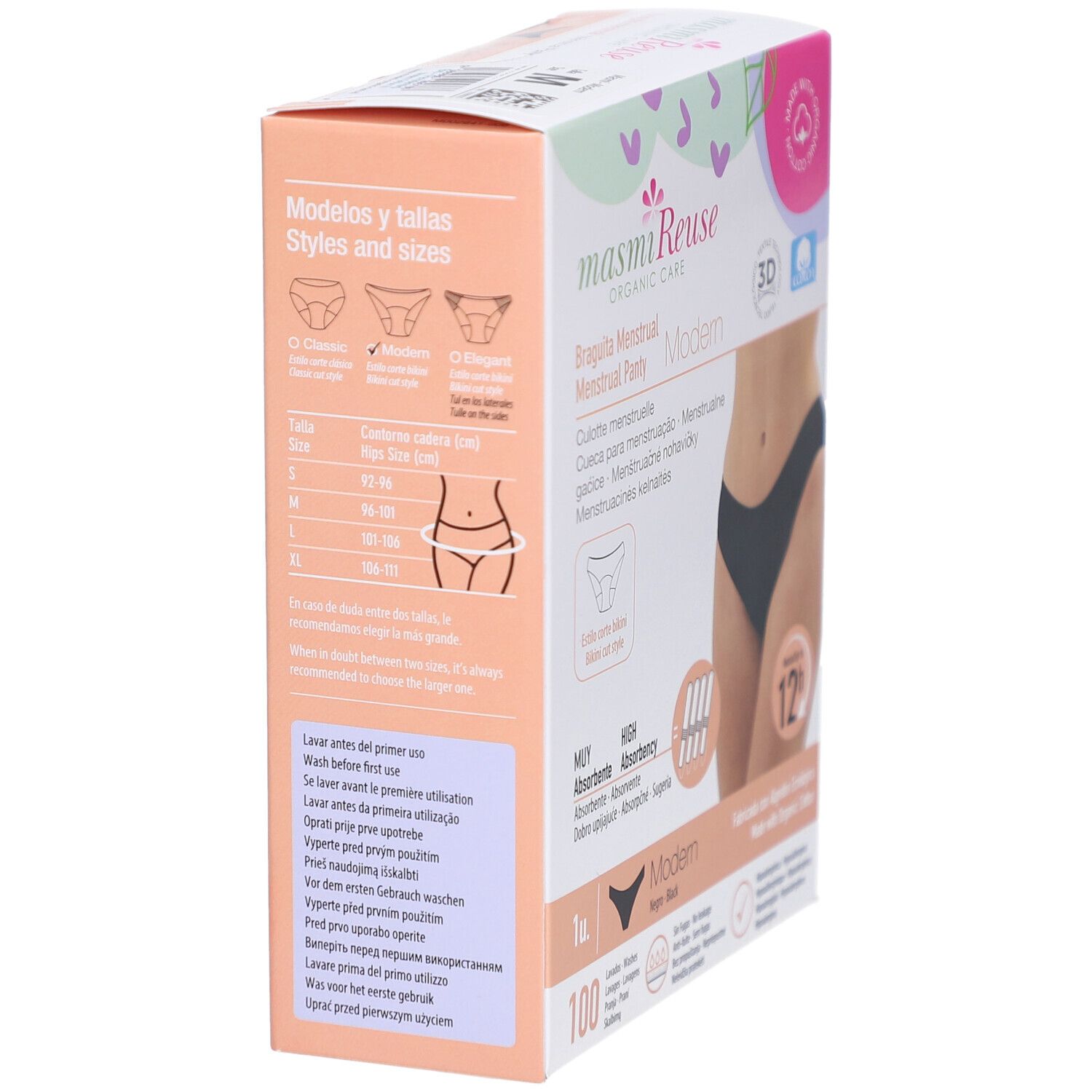 Seitenansicht der Verpackung. Aufdruck: masmi Reuse, Modern, Bio Periodenslip. Größenangaben. Waschhinweise. Mit Bio-Baumwolle.