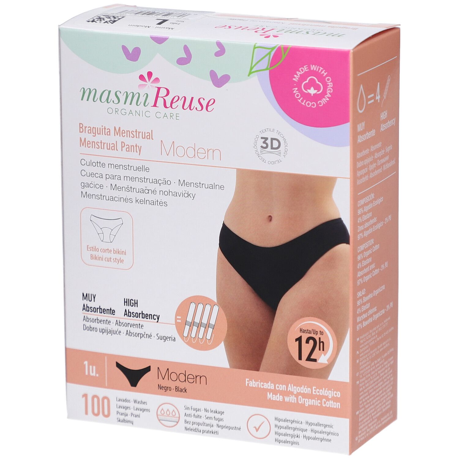 Verpackung mit Menstruationsslip. Schwarzer Slip-Umriss. Aufschrift: Modern, Bio Periodenslip. 100 Stück. Hohe Saugfähigkeit. Hergestellt mit Bio-Baumwolle.