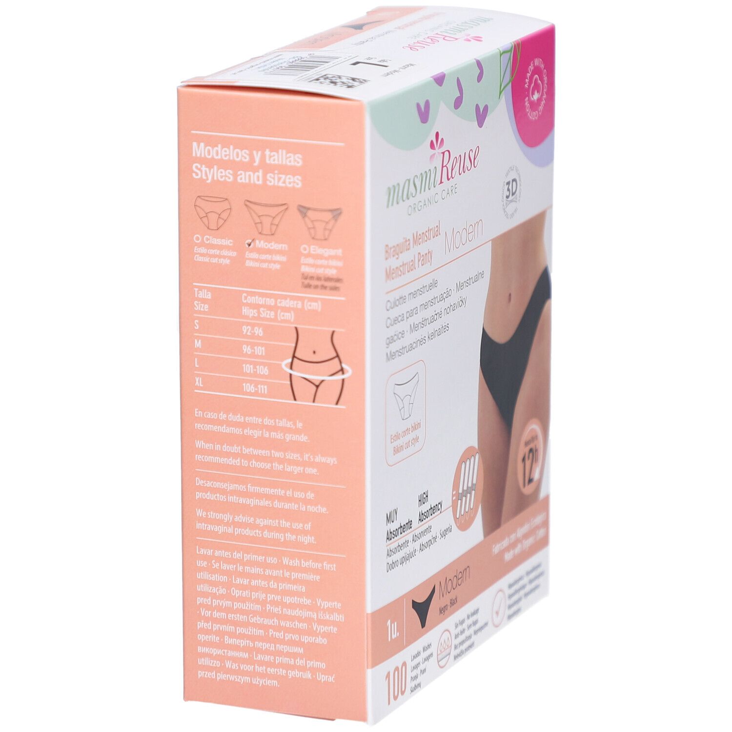 Verpackung mit Menstruationsslip. Seite mit Größenangaben. Aufschrift: Modern, Bio Periodenslip. 100 Stück. Hohe Saugfähigkeit. Hergestellt mit Bio-Baumwolle.