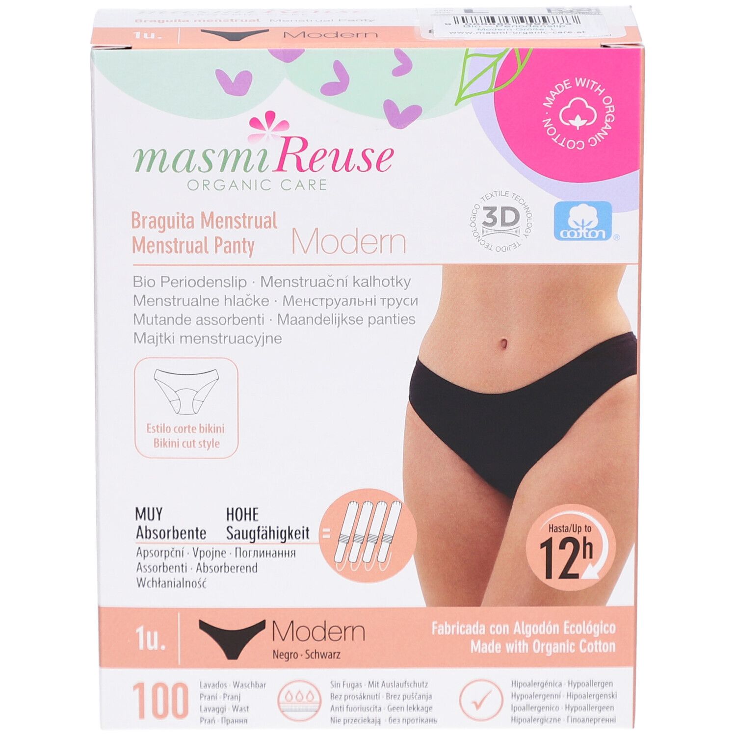 Verpackung mit Menstruationsslip. Schwarzer Slip-Umriss. Aufschrift: Modern, Bio Periodenslip. 100 Stück. Hohe Saugfähigkeit. Hergestellt mit Bio-Baumwolle.