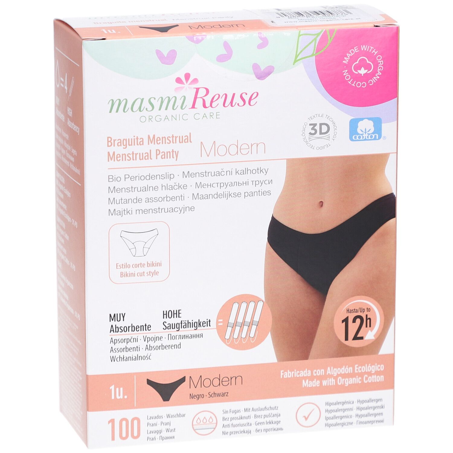 Verpackung mit Menstruationsslip. Schwarzer Slip-Umriss. Aufschrift: Modern, Bio Periodenslip. 100 Stück. Hohe Saugfähigkeit. Hergestellt mit Bio-Baumwolle.