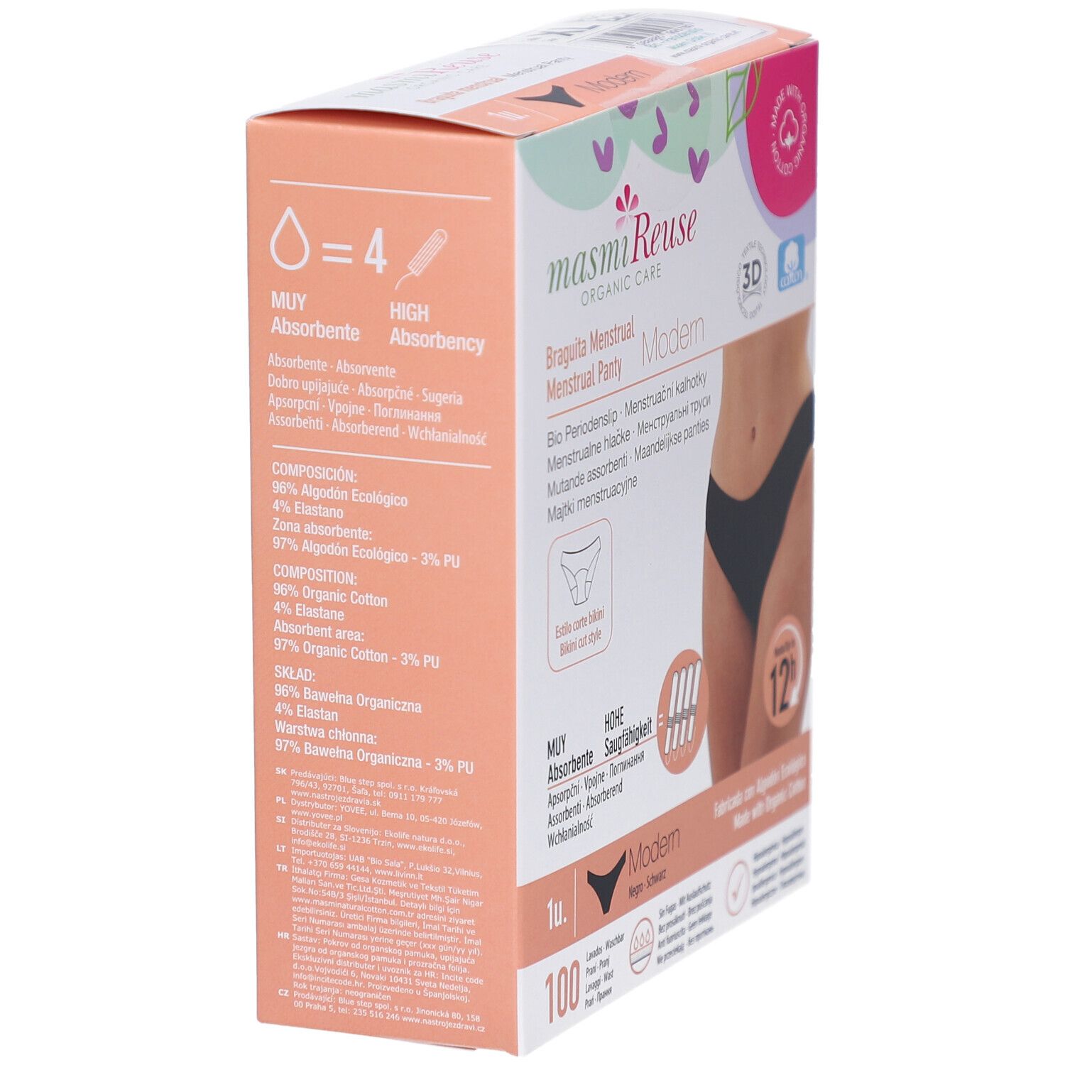 Seitenansicht der Verpackung. Menstruationsslip, Bio-Baumwolle. Marke: masmi® Reuse. Aufdruck: Modern, 12h Schutz. 100 Stück.