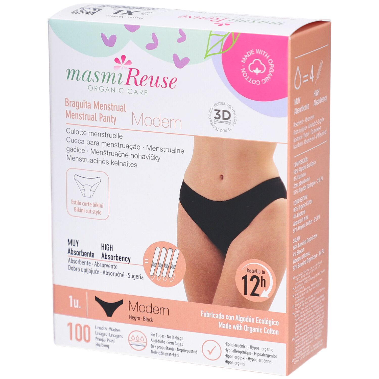 Verpackung mit Menstruationsslip. Schwarzer Slip, Bio-Baumwolle. Marke: masmi® Reuse. Aufdruck: Modern, 12h Schutz. 100 Stück.