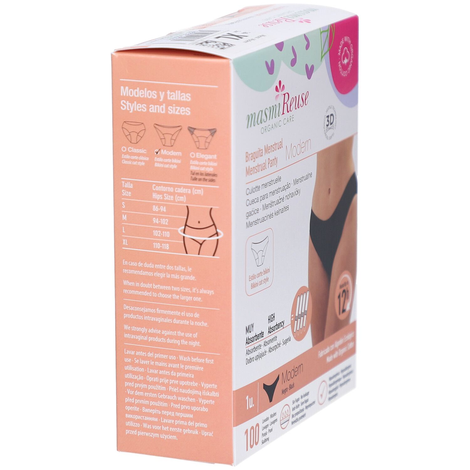 Seitenansicht der Verpackung. Menstruationsslip, Bio-Baumwolle. Marke: masmi® Reuse. Aufdruck: Modern, 12h Schutz. 100 Stück.