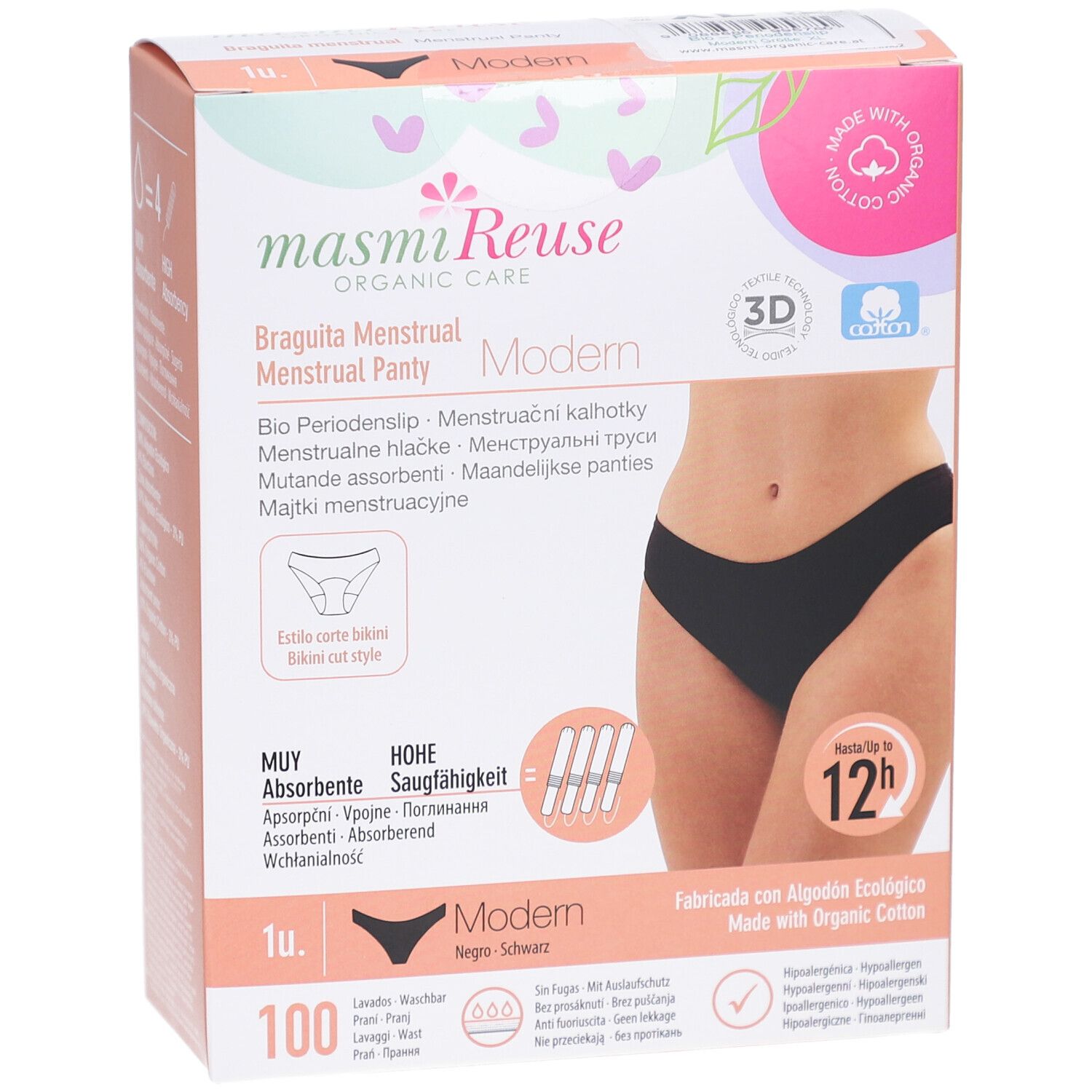 Verpackung mit Menstruationsslip. Schwarzer Slip, Bio-Baumwolle. Marke: masmi® Reuse. Aufdruck: Modern, 12h Schutz. 100 Stück.