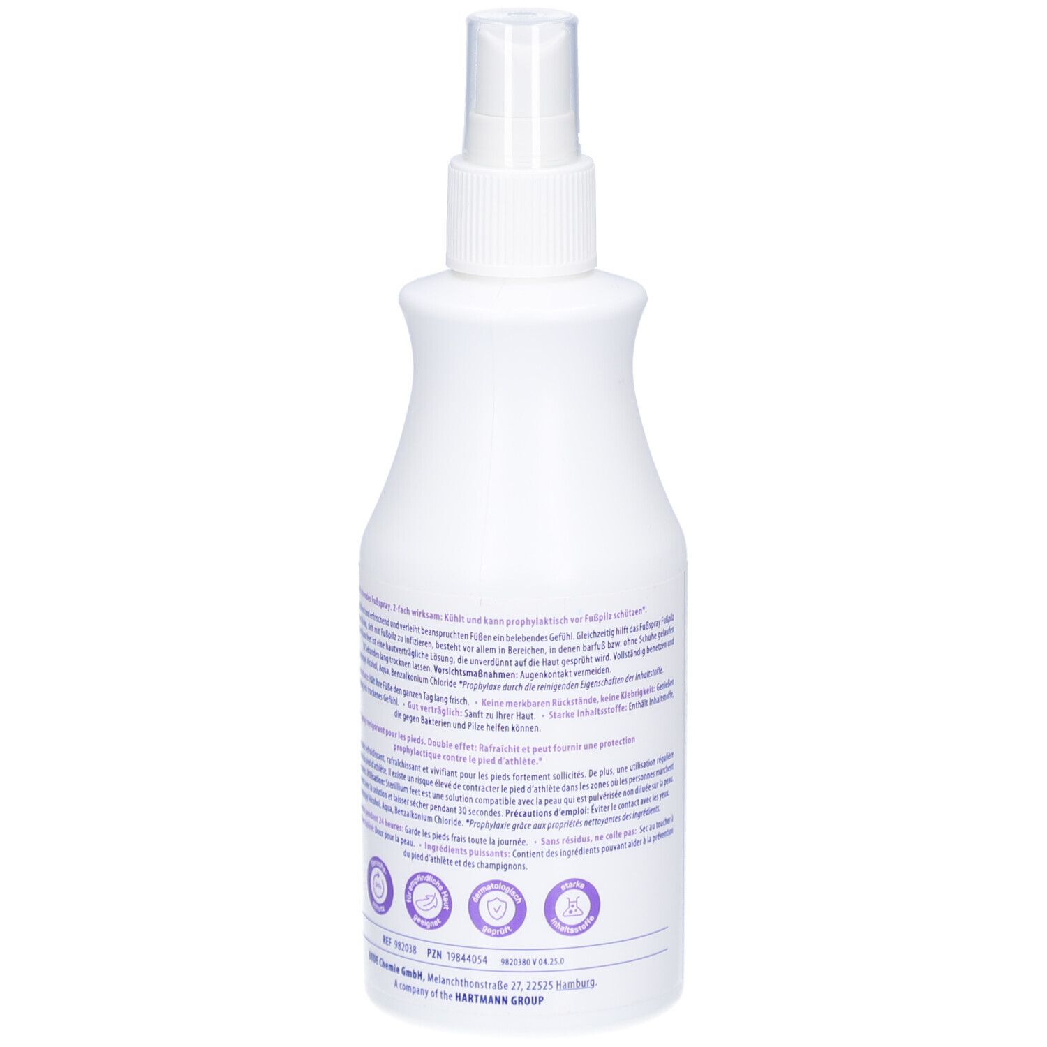 Rückseite einer weißen Sprühflasche. Etikett mit Text und Logos. Produktname: Sterillium feet.